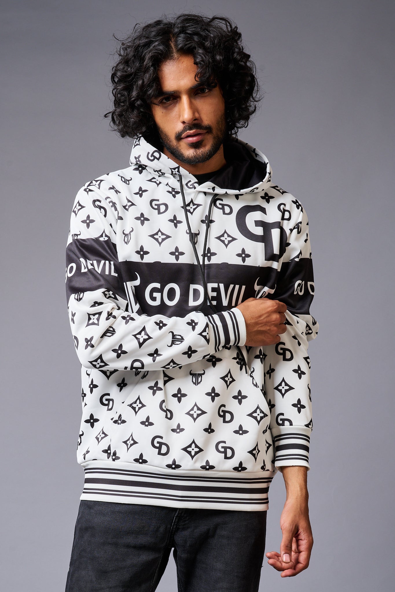 Go Devil Logo Printed Black & White Hoodie for Men - Go Devil