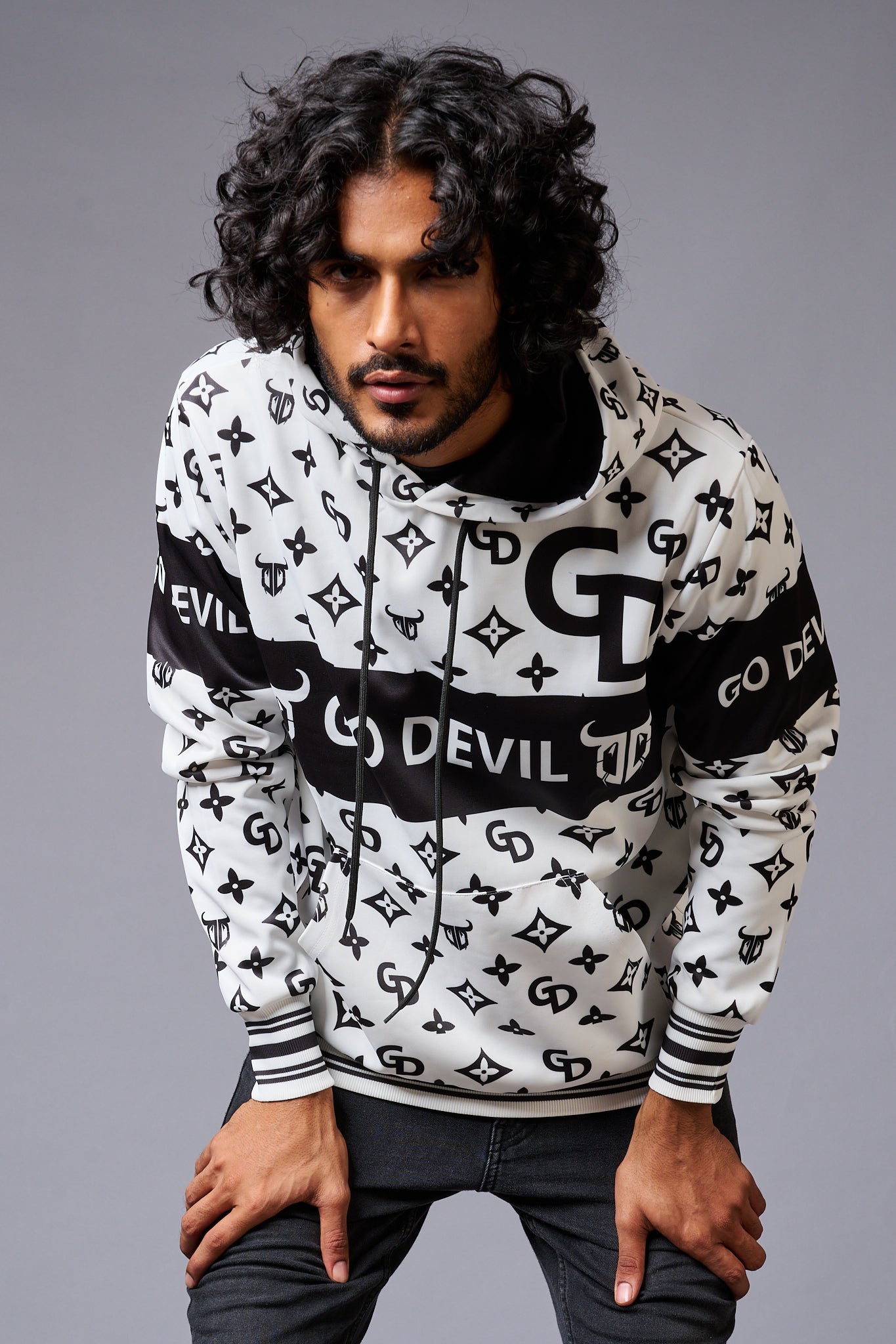 Go Devil Logo Printed Black & White Hoodie for Men - Go Devil