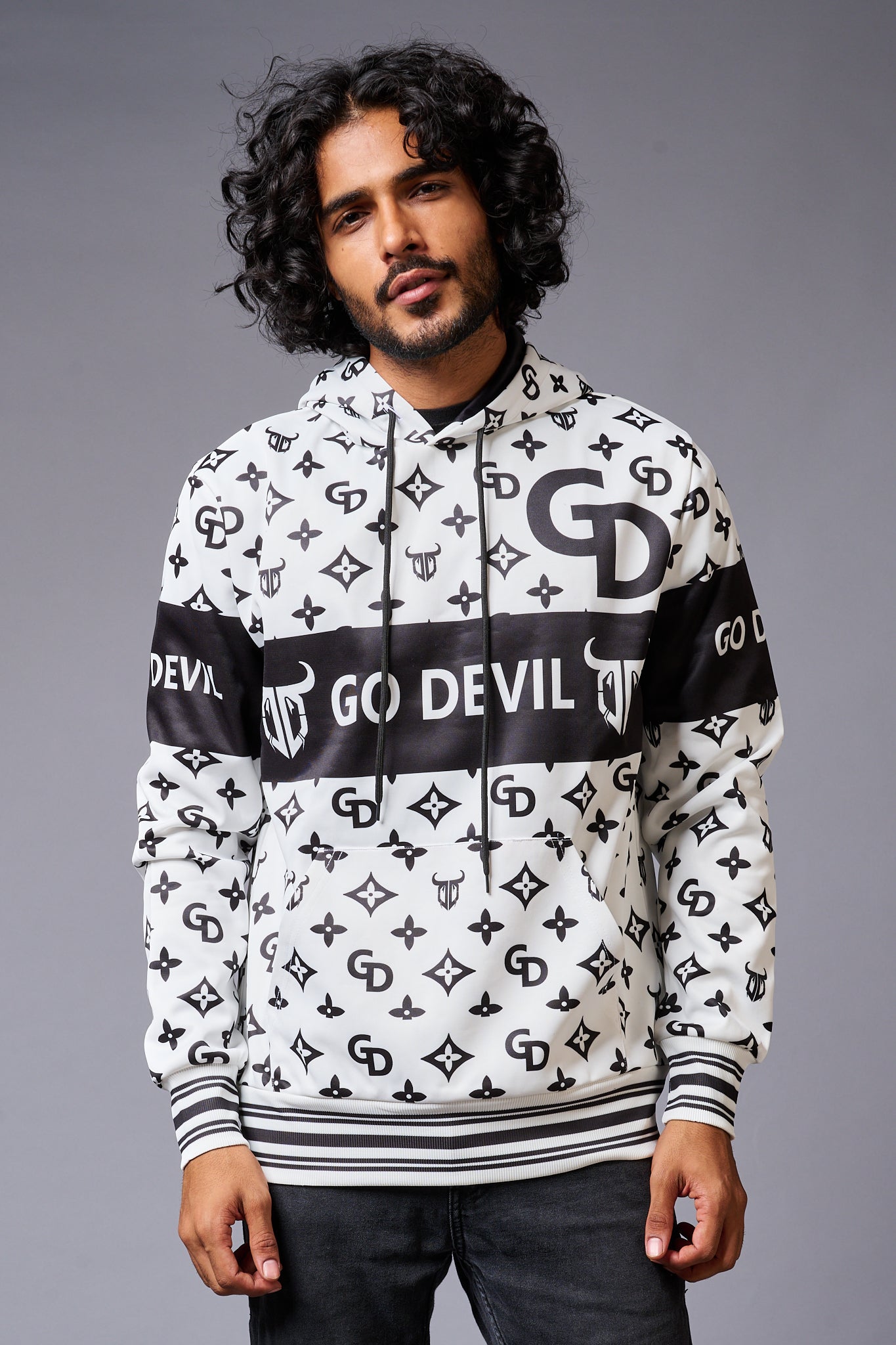Go Devil Logo Printed Black & White Hoodie for Men - Go Devil