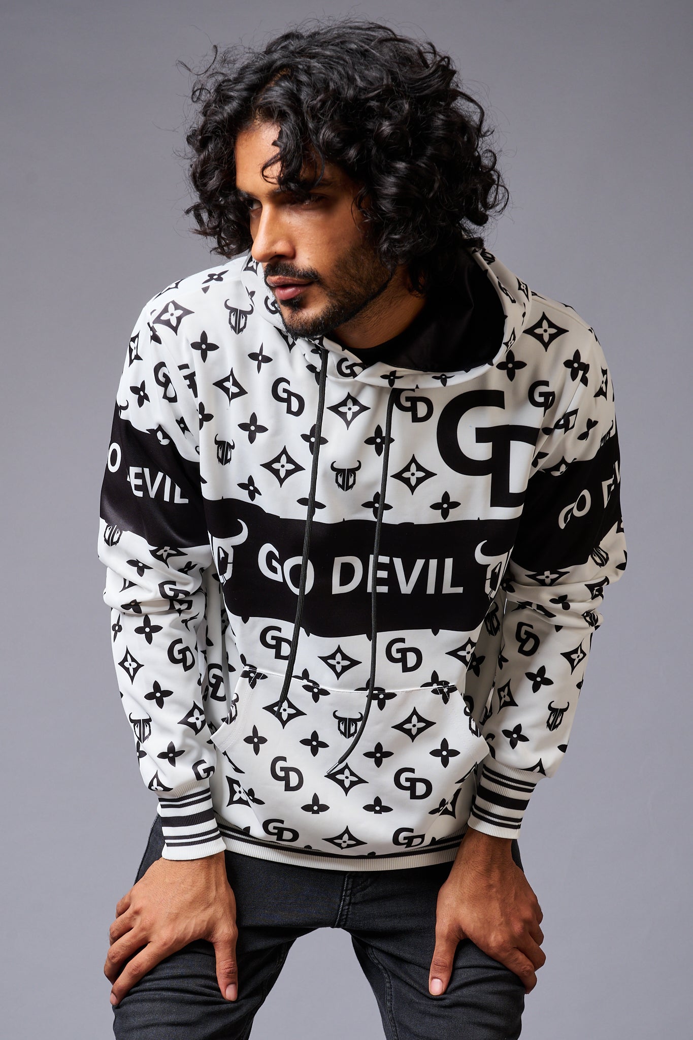 Go Devil Logo Printed Black & White Hoodie for Men - Go Devil