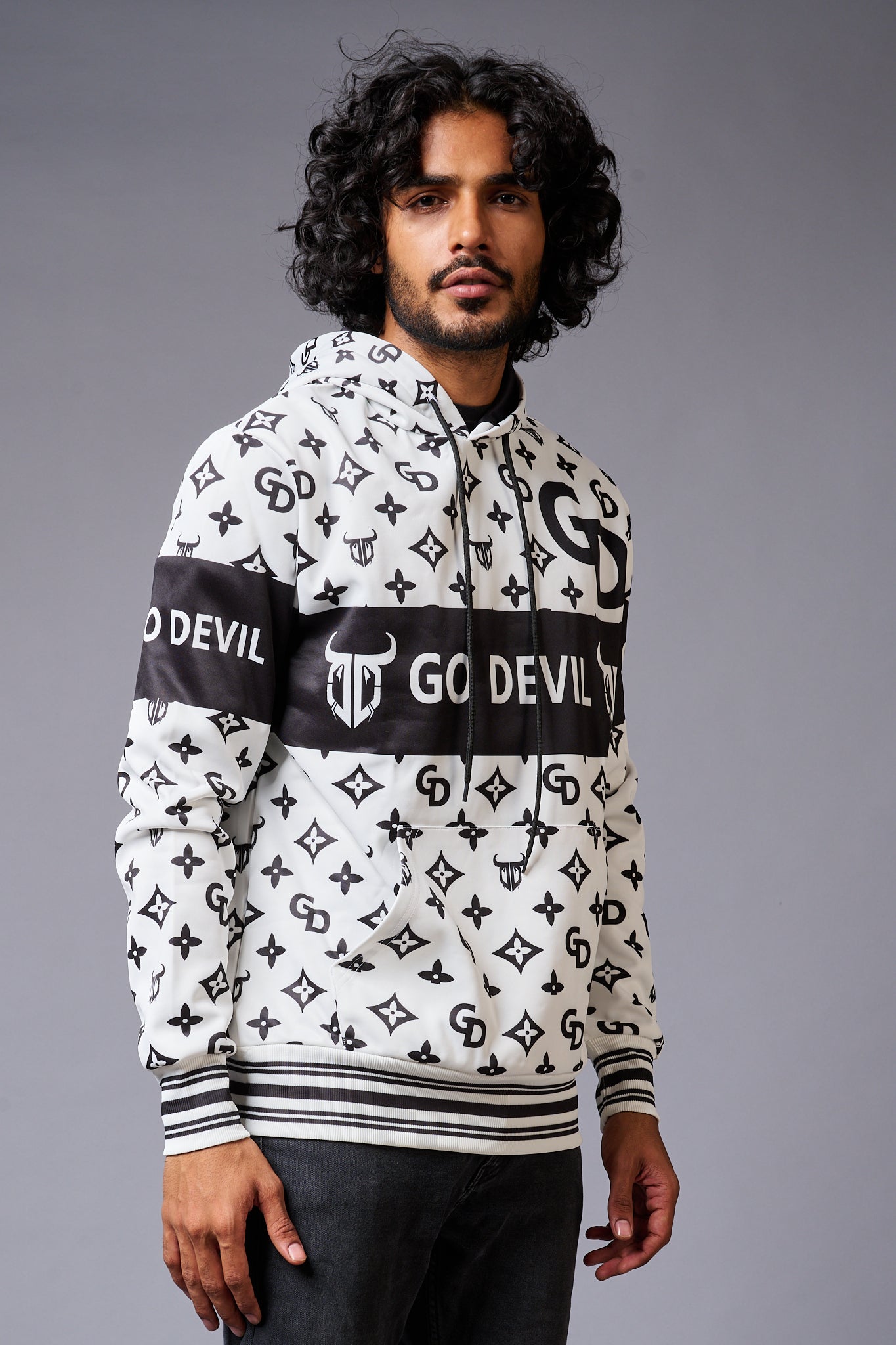 Go Devil Logo Printed Black & White Hoodie for Men - Go Devil