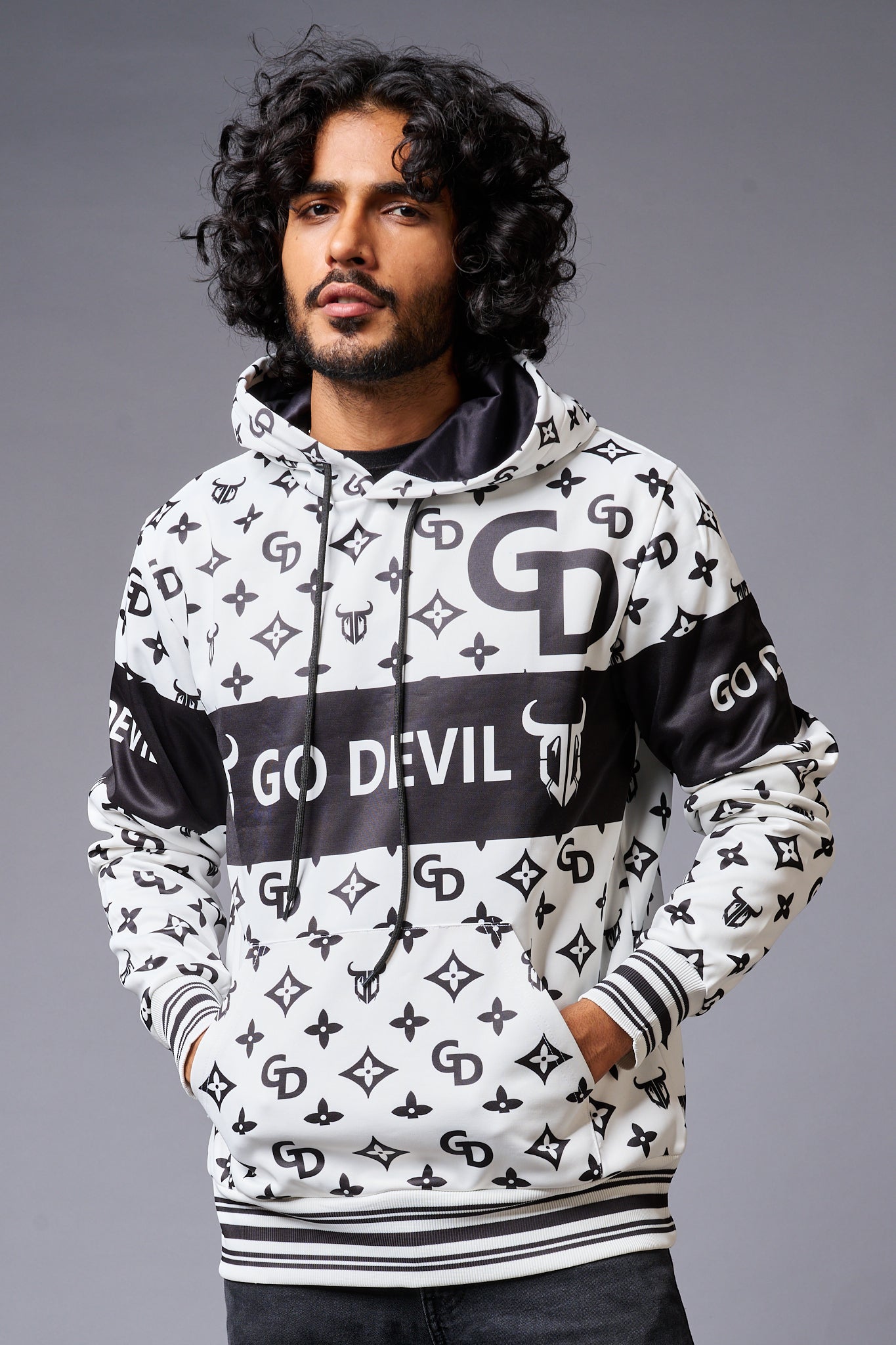 Go Devil Logo Printed Black & White Hoodie for Men - Go Devil