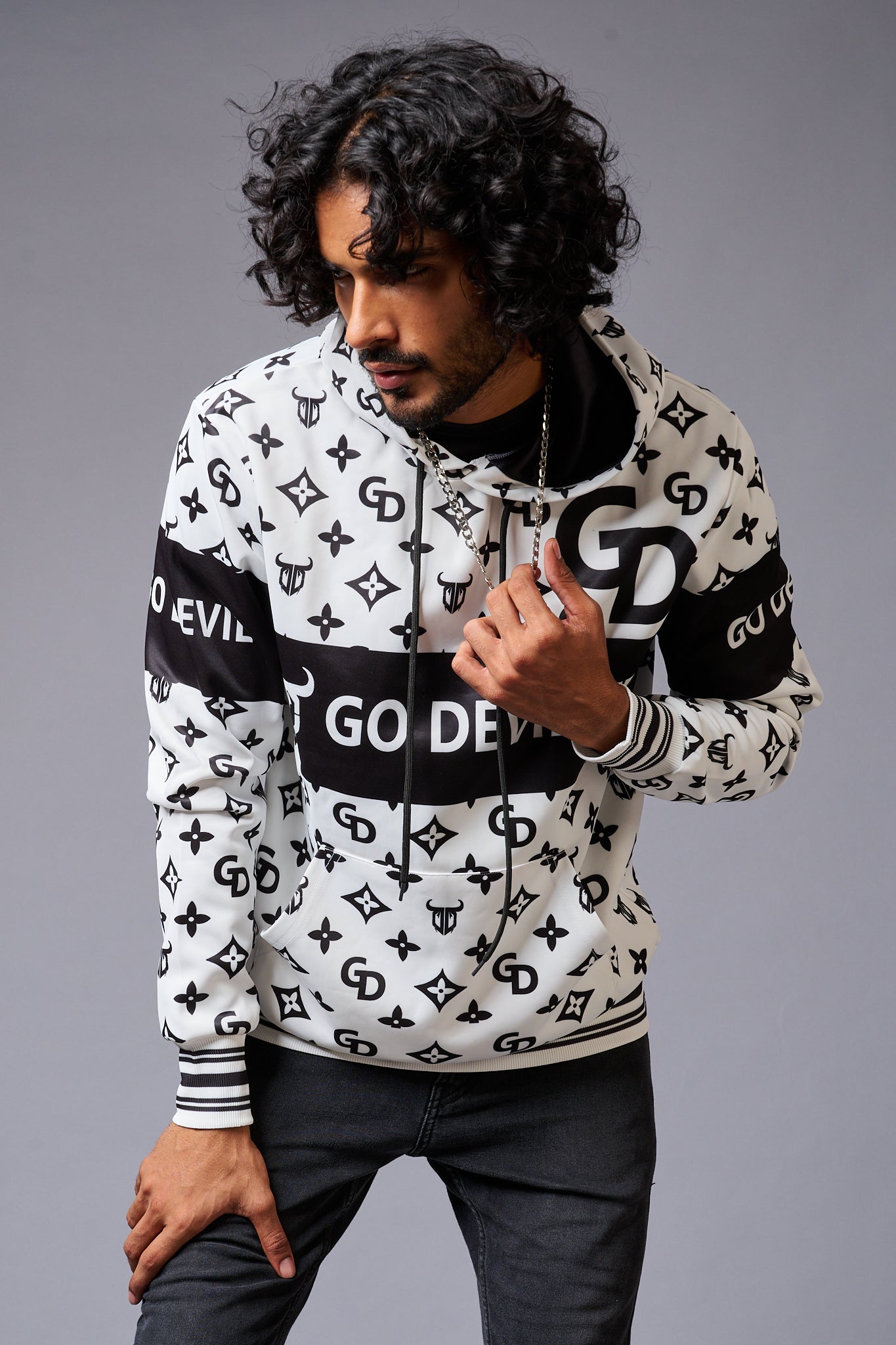 Go Devil Logo Printed Black & White Hoodie for Men - Go Devil