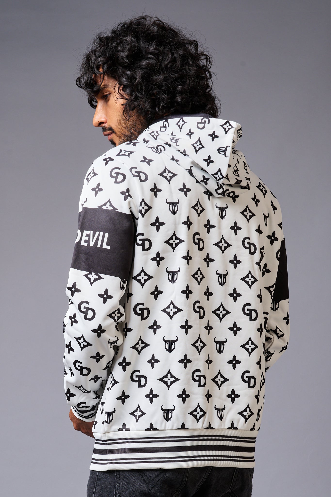 Go Devil Logo Printed Black & White Hoodie for Men - Go Devil