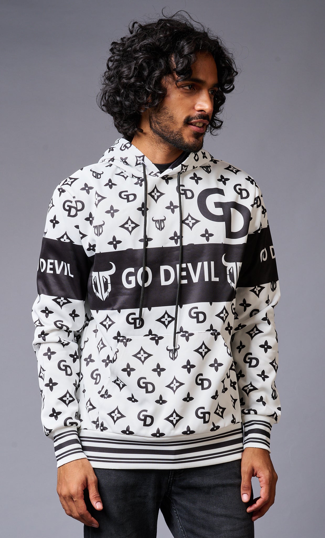 Go Devil Logo Printed Black & White Hoodie for Men - Go Devil