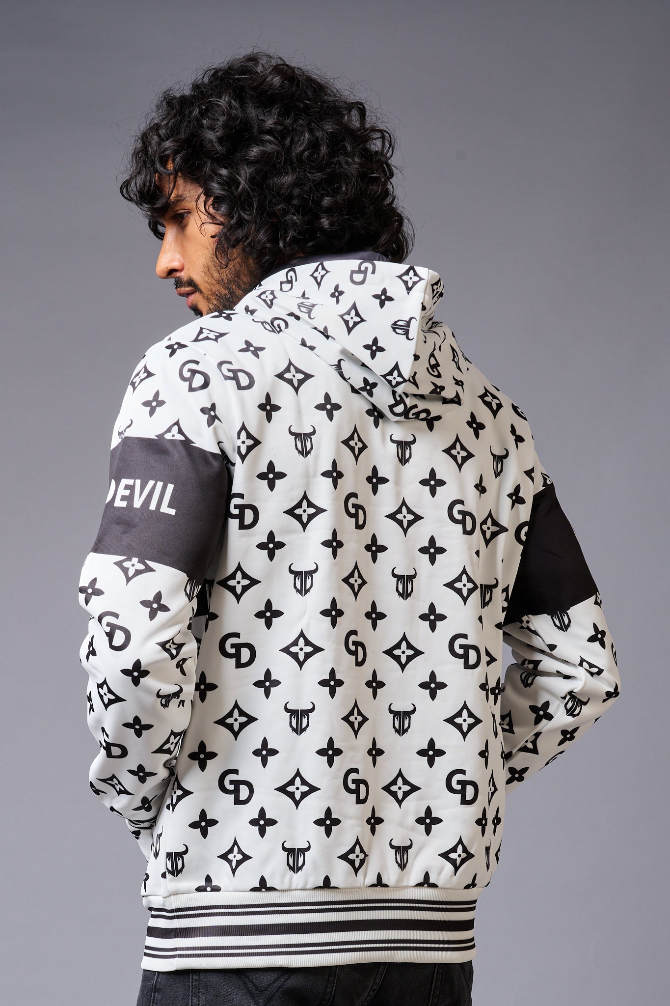 Go Devil Logo Printed Black & White Hoodie for Men - Go Devil