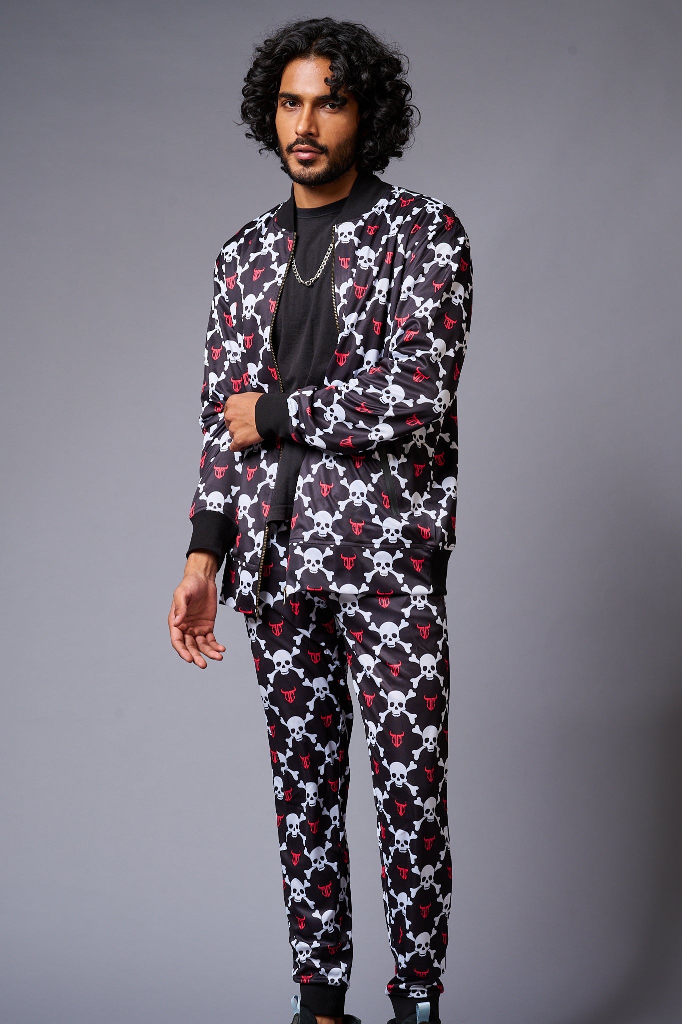 Go Devil Logo White Skull Printed Black Bomber Style Jacket with Pant Co-ord Set for Men - Go Devil