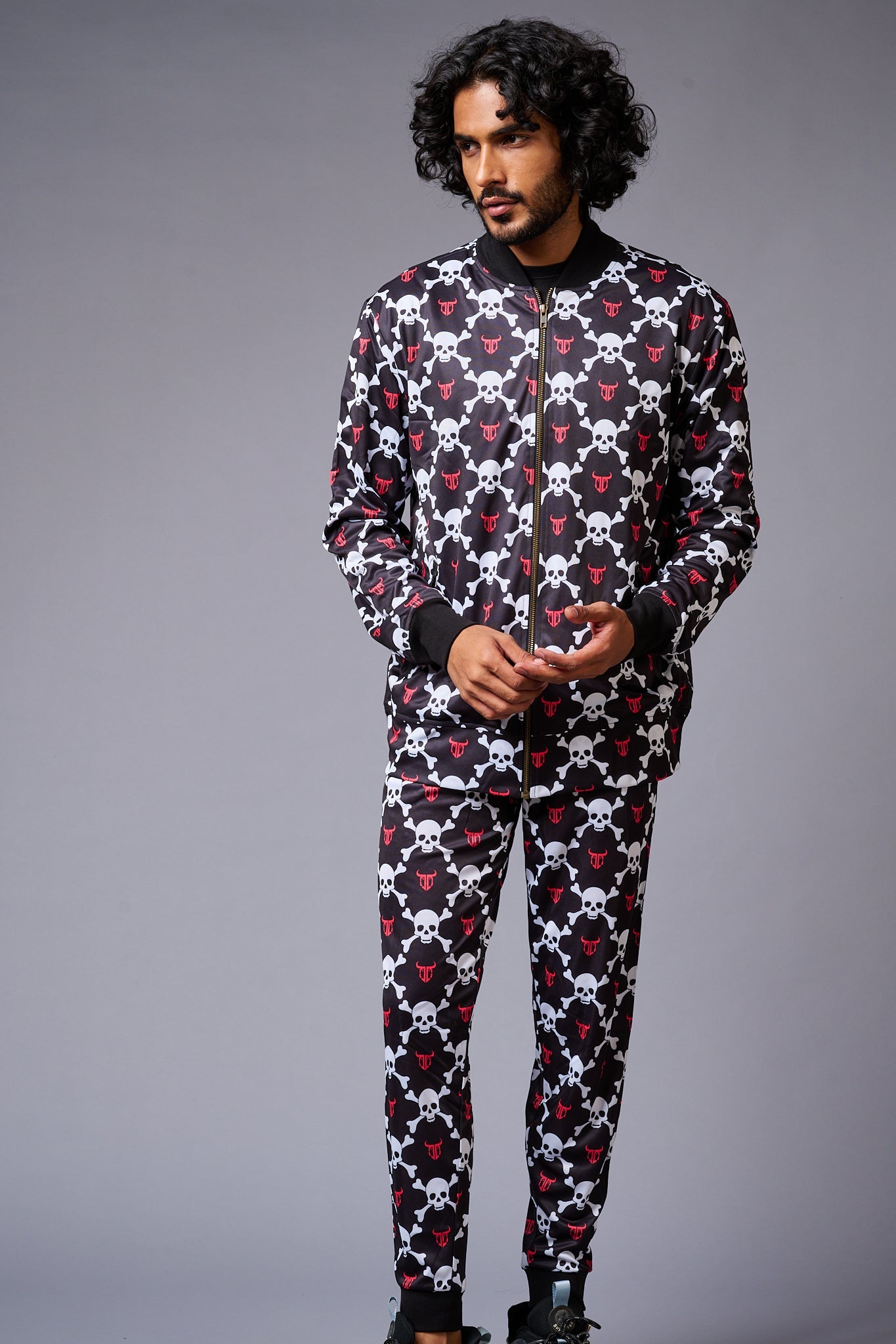 Go Devil Logo White Skull Printed Black Bomber Style Jacket with Pant Co-ord Set for Men - Go Devil