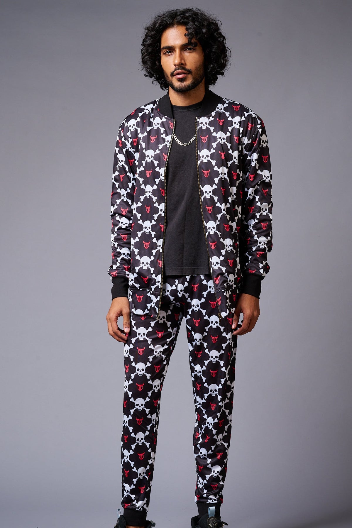 Go Devil Logo White Skull Printed Black Bomber Style Jacket with Pant Co-ord Set for Men - Go Devil