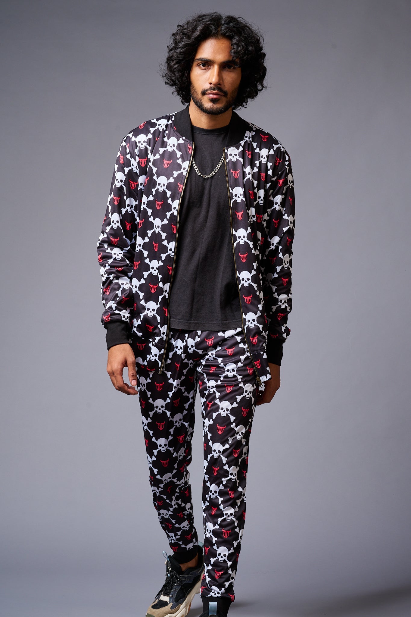 Go Devil Logo White Skull Printed Black Bomber Style Jacket with Pant Co-ord Set for Men - Go Devil