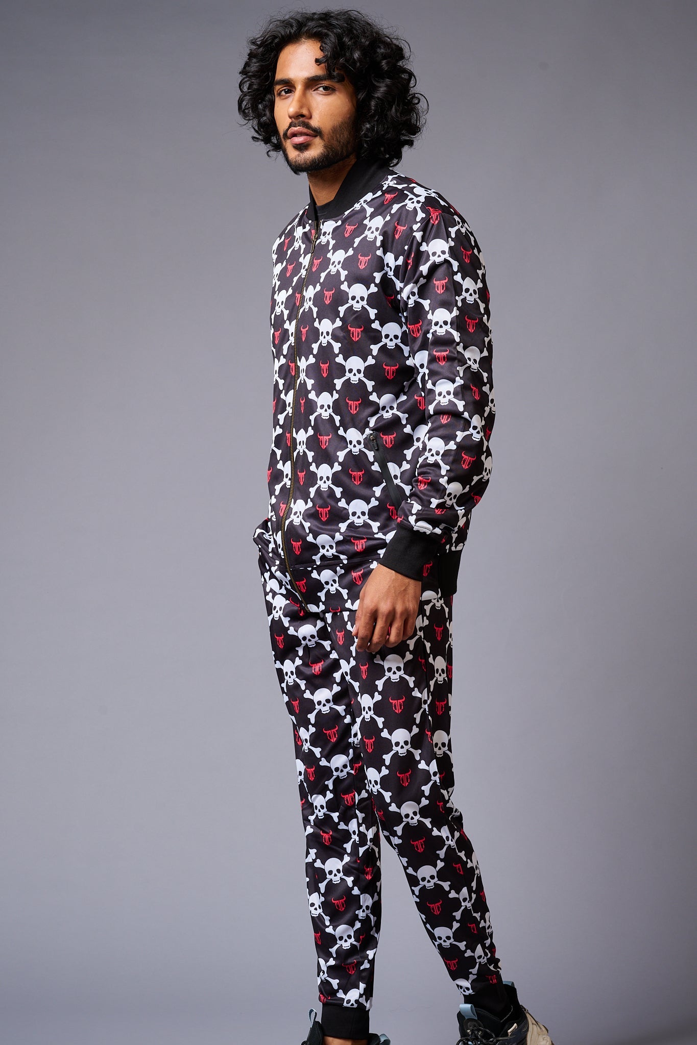 Go Devil Logo White Skull Printed Black Bomber Style Jacket with Pant Co-ord Set for Men - Go Devil