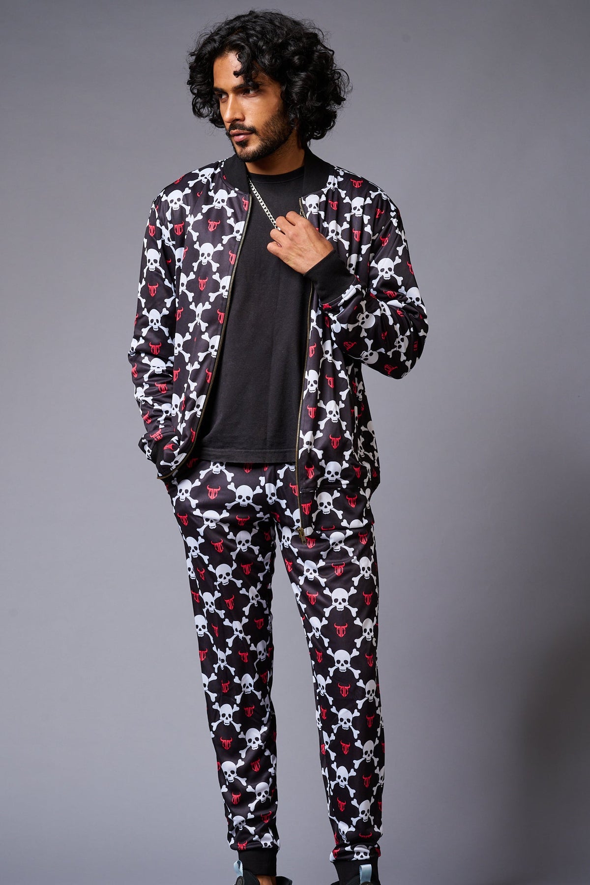 Go Devil Logo White Skull Printed Black Bomber Style Jacket with Pant Co-ord Set for Men - Go Devil