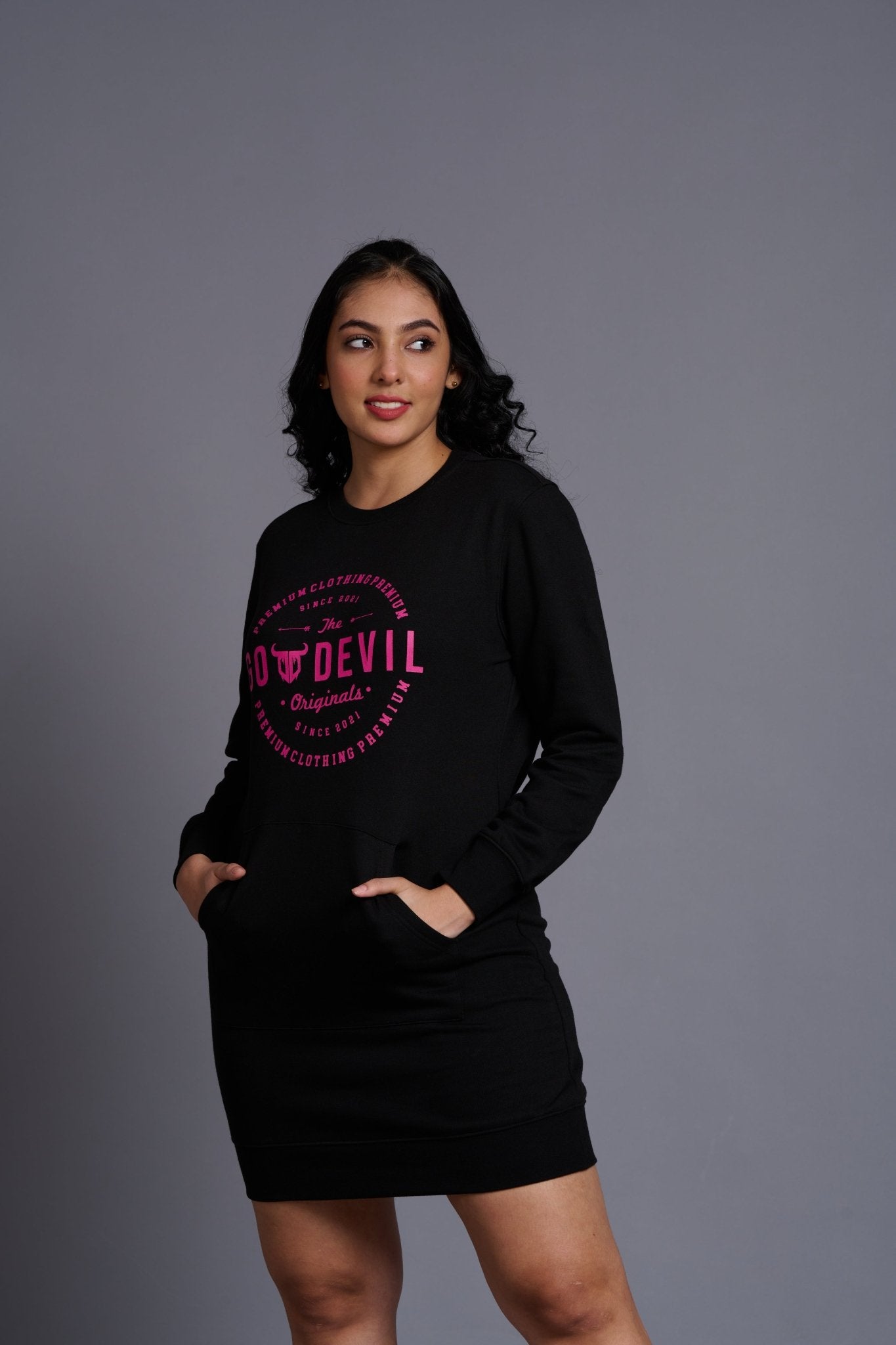 Go Devil Originals (in Pink) Printed Black Sweatdress for Women - Go Devil