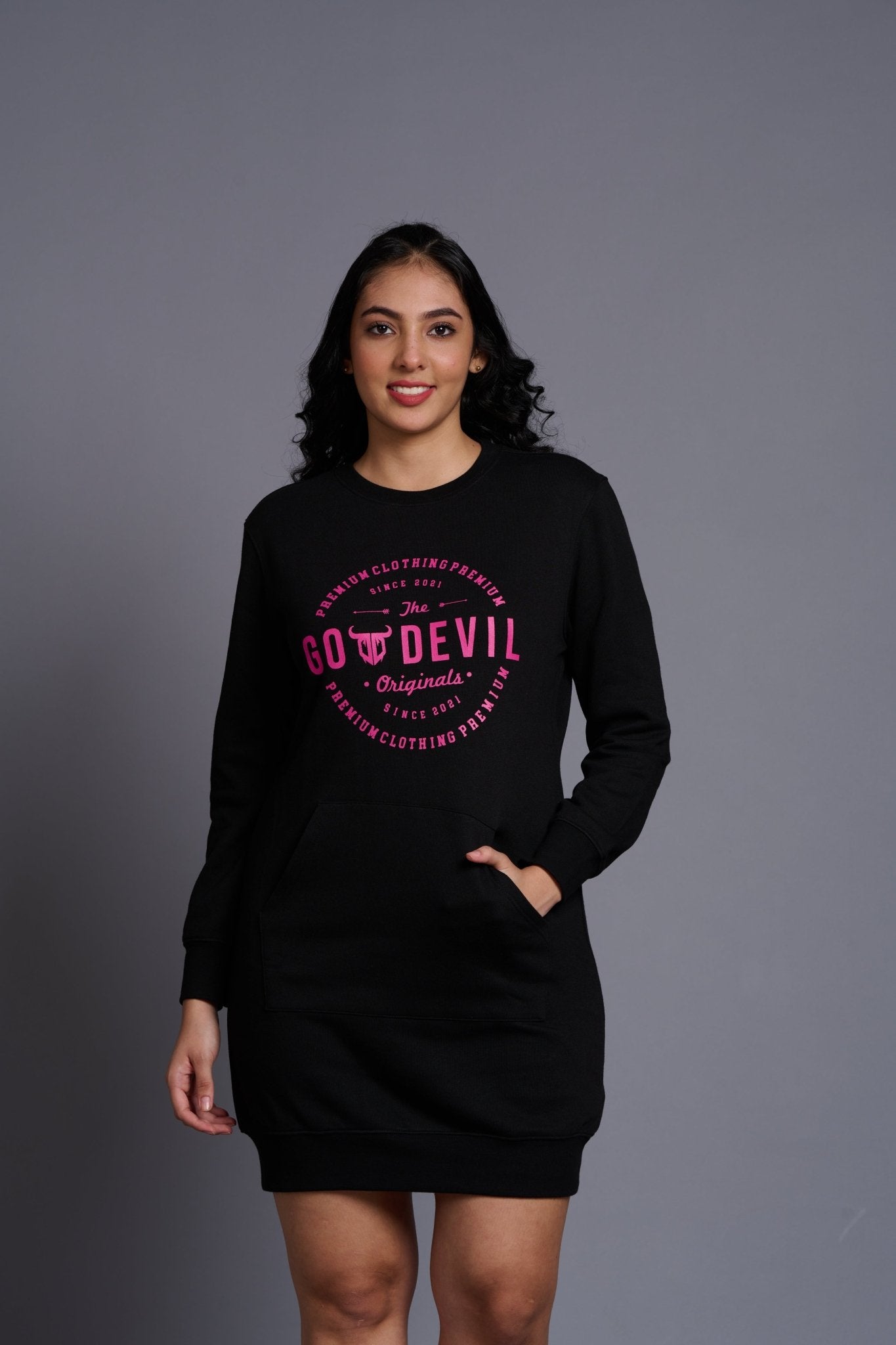 Go Devil Originals (in Pink) Printed Black Sweatdress for Women - Go Devil