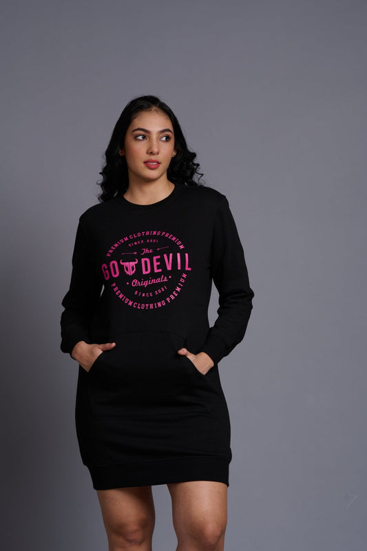 Go Devil Originals (in Pink) Printed Black Sweatdress for Women - Go Devil