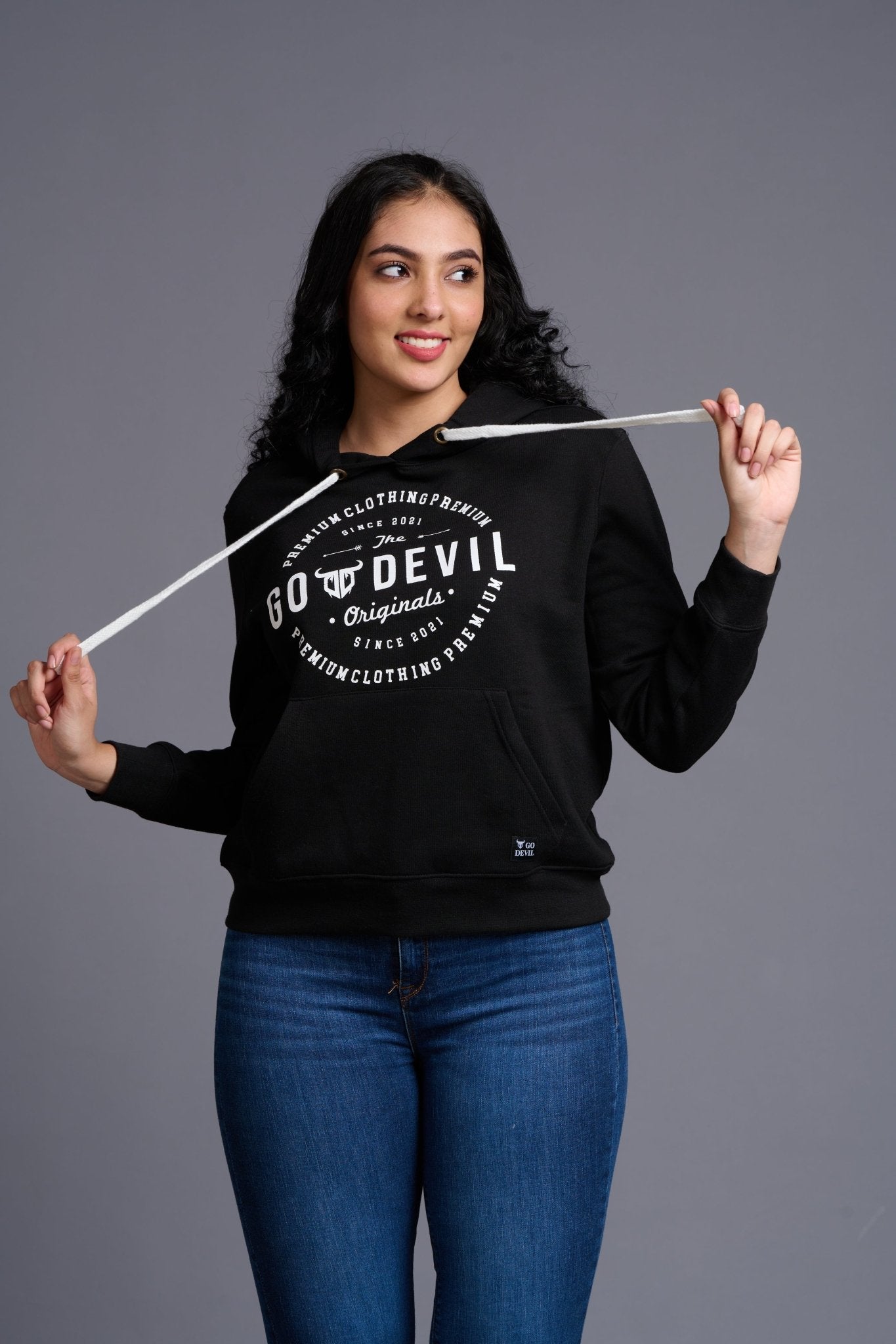 Go Devil Originals (in White) Printed Black Hoodie for Women - Go Devil