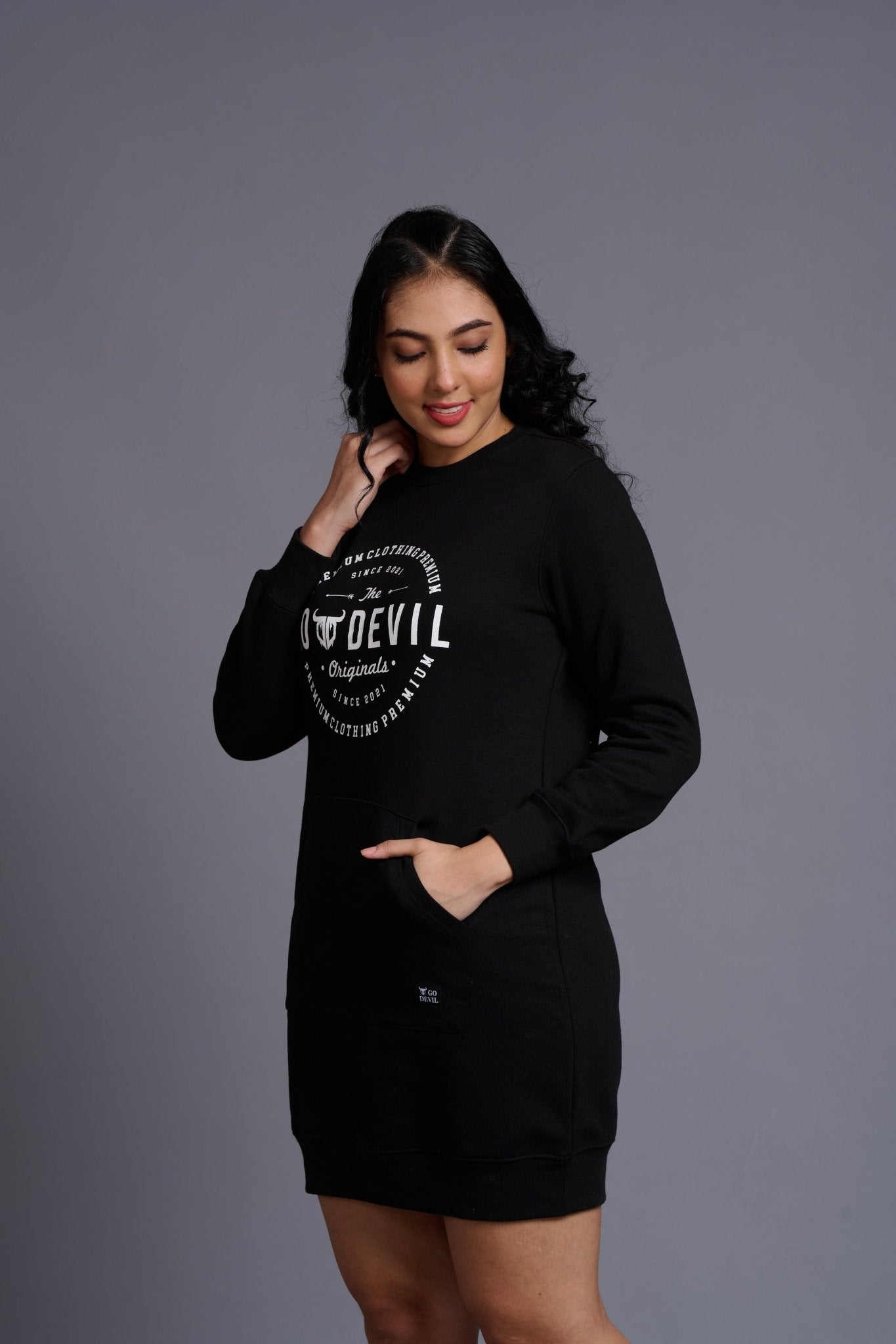 Go Devil Originals (in White) Printed Black Sweatdress for Women - Go Devil