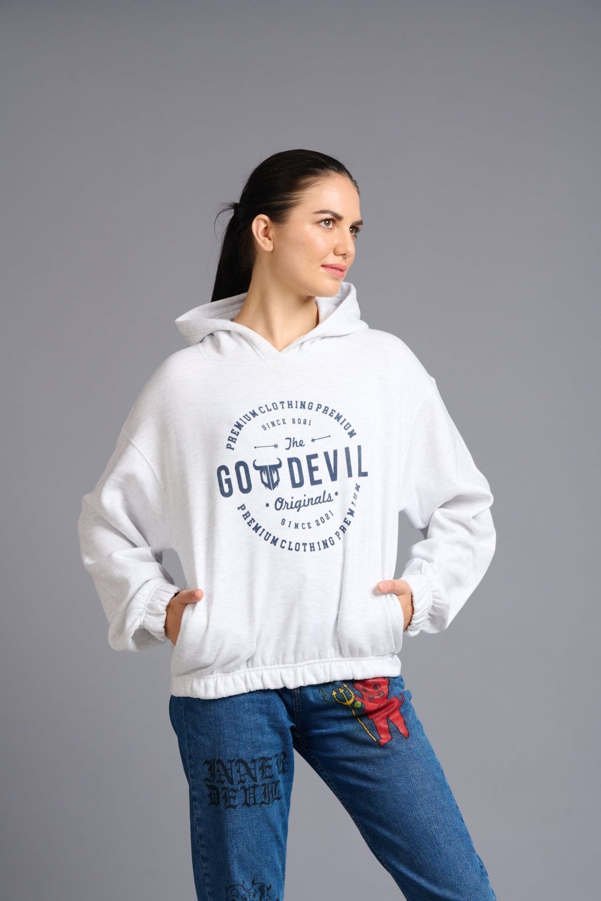 Go Devil Originals Printed Grey Hoodie for Women - Go Devil