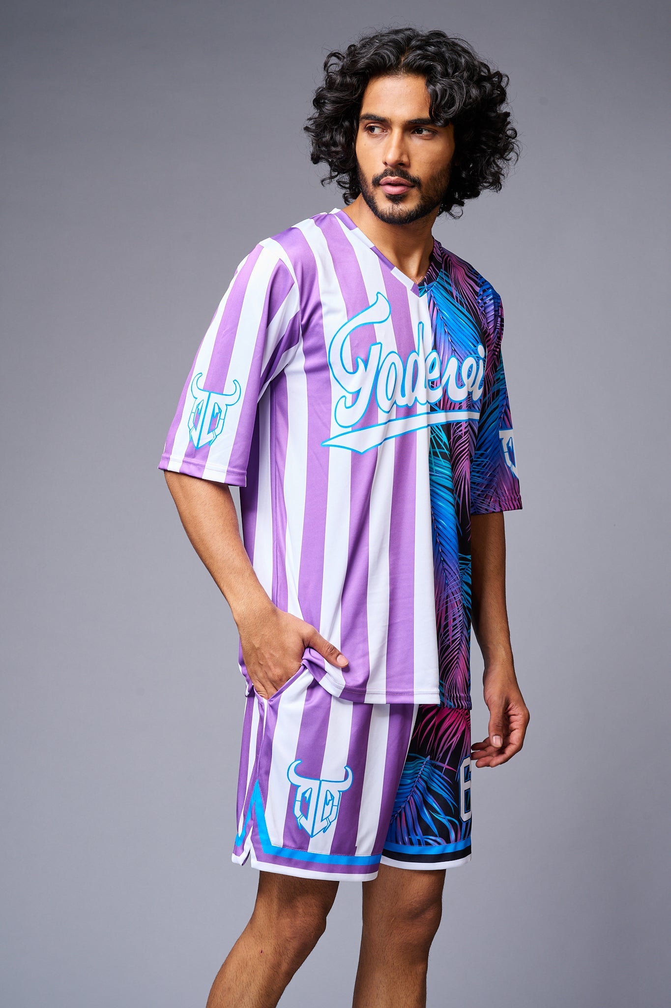 Go Devil Printed Stripe Pink & Blue Co-ord Set for Men - Go Devil