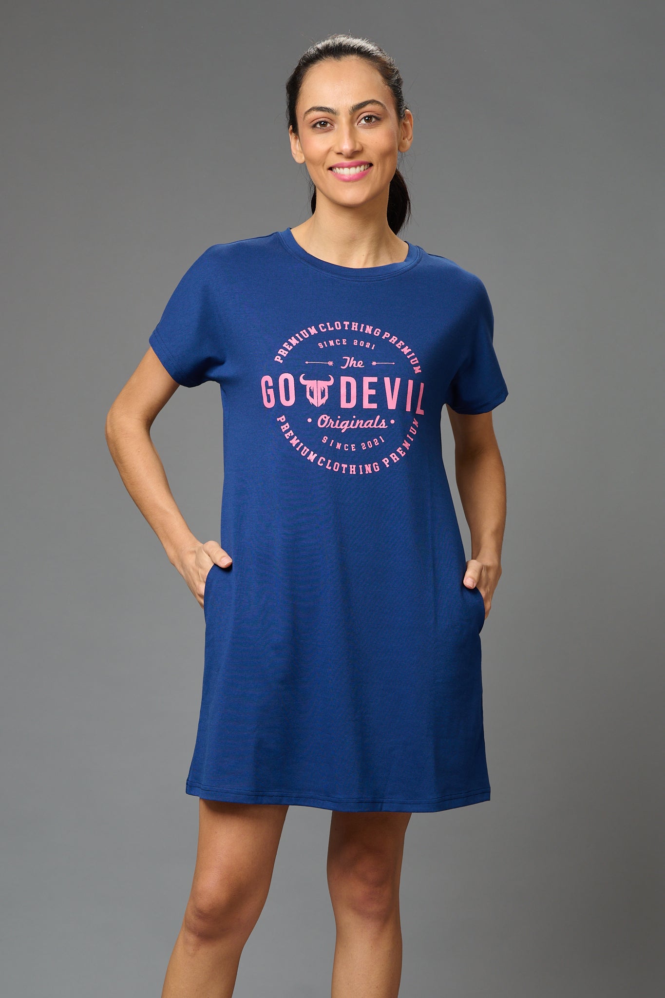 Go Devil Stamp Printed Blue Dress for Women - Go Devil