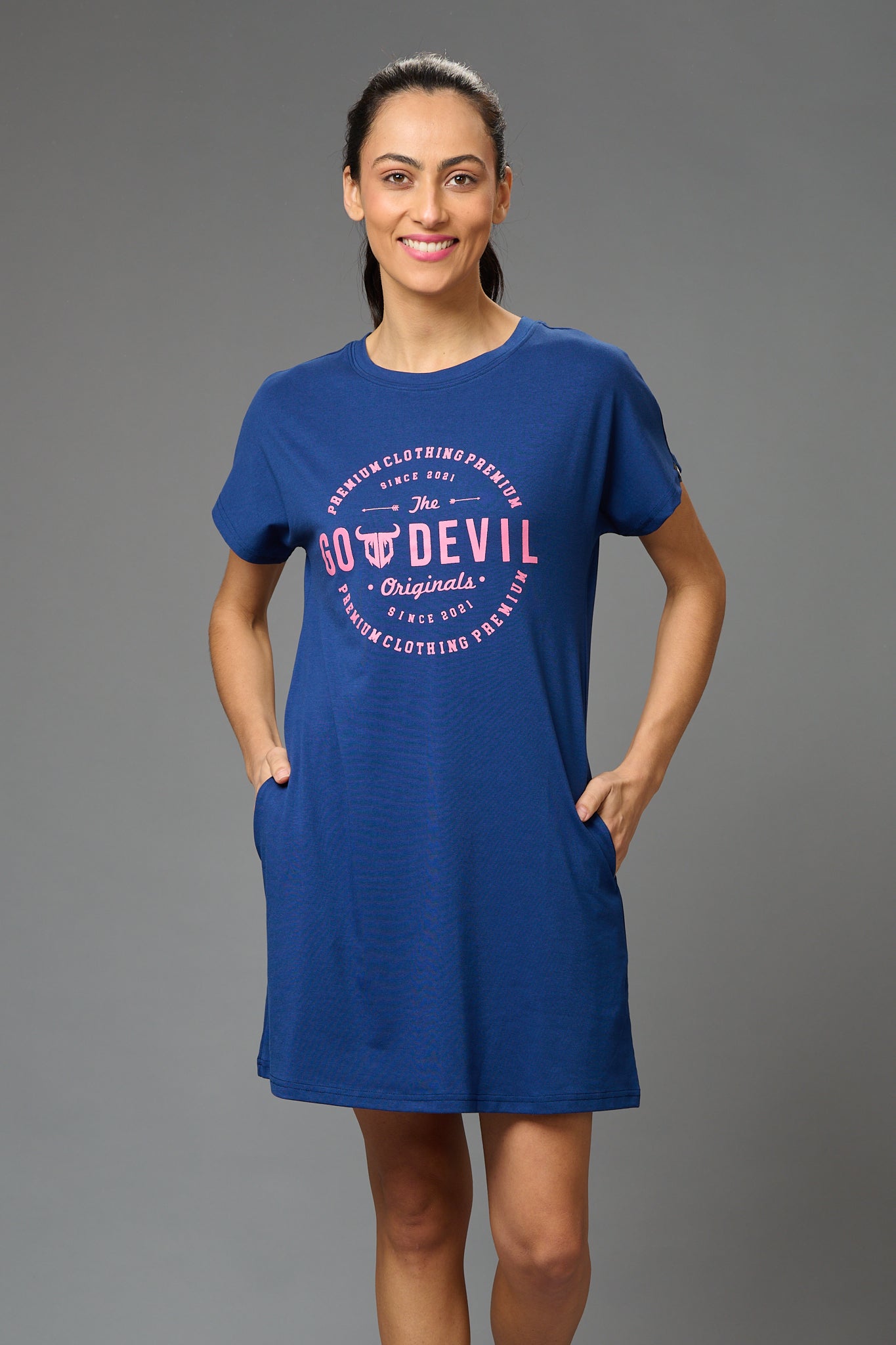 Go Devil Stamp Printed Blue Dress for Women - Go Devil