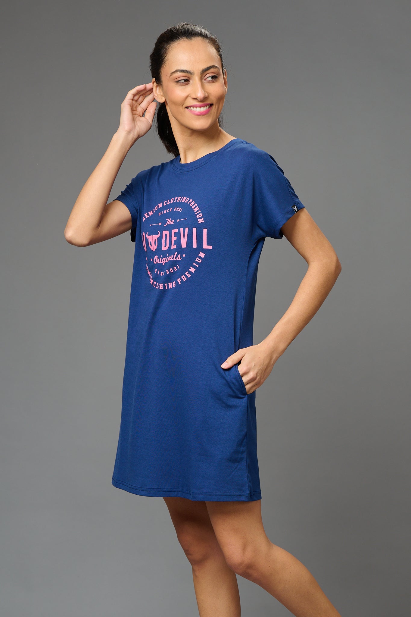Go Devil Stamp Printed Blue Dress for Women - Go Devil