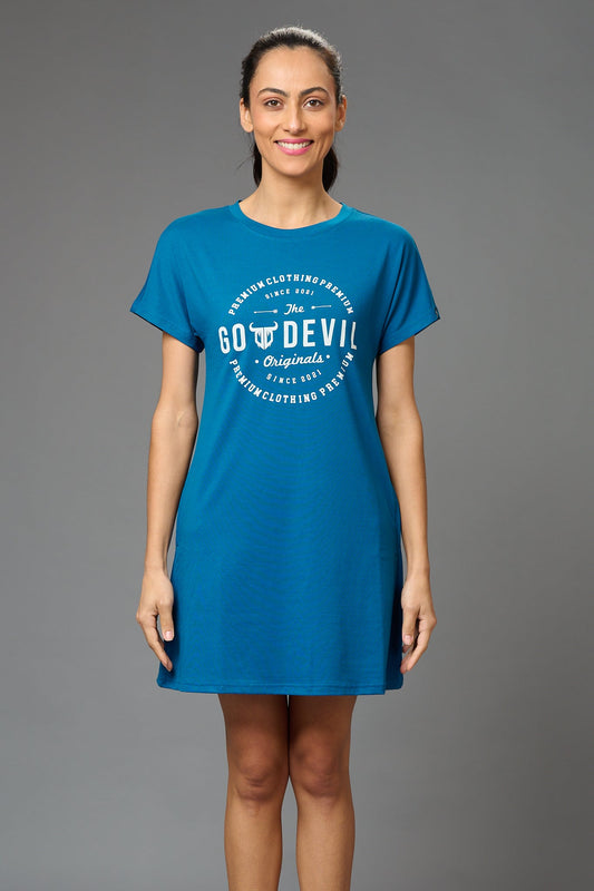 Go Devil Stamp Printed Royal Blue Dress for Women - Go Devil