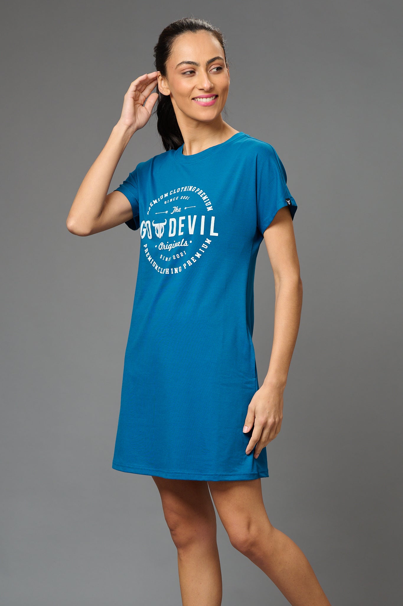 Go Devil Stamp Printed Royal Blue Dress for Women - Go Devil
