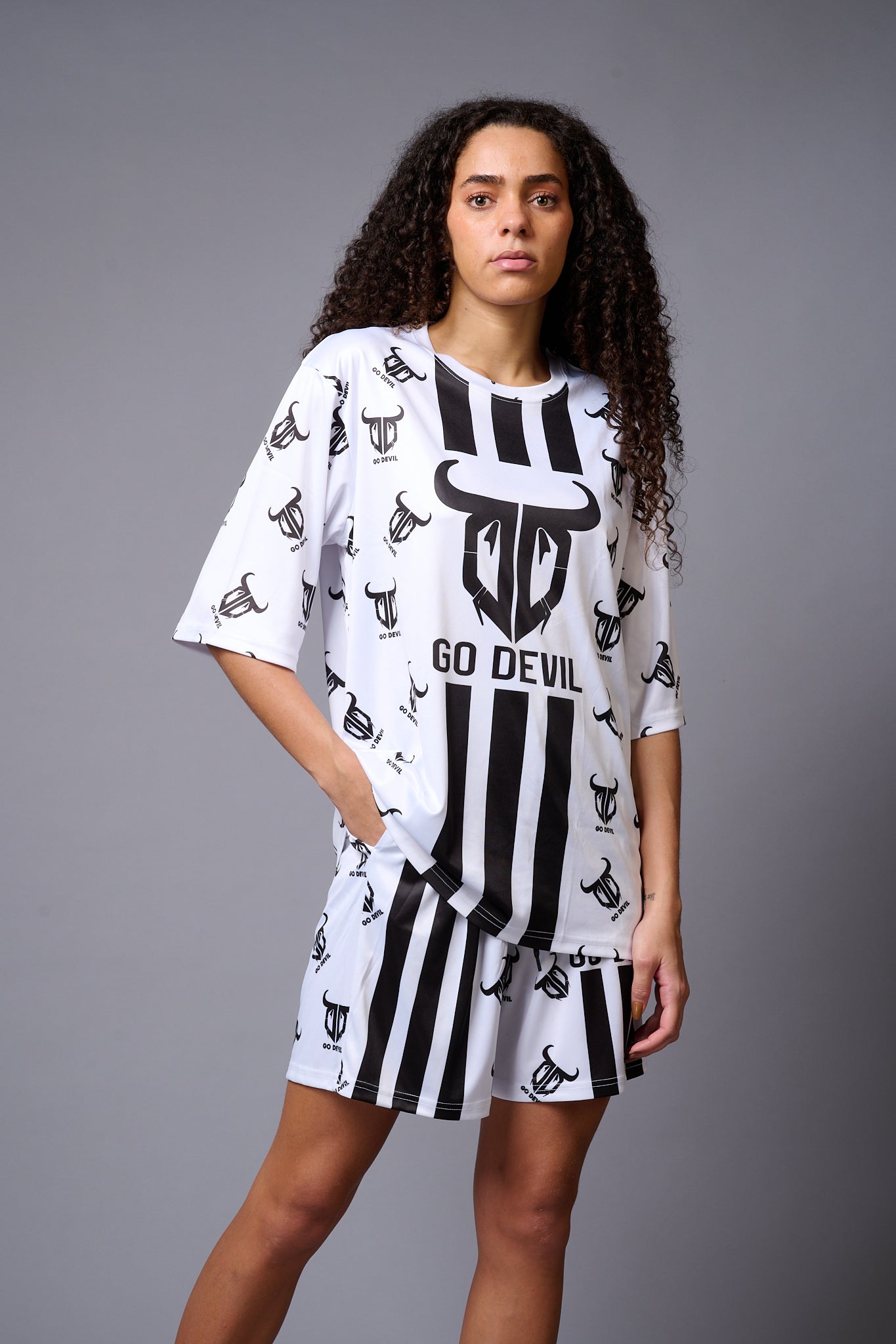 Go Devil with Logo (in Black) Printed White Co-ord Set for Women - Go Devil