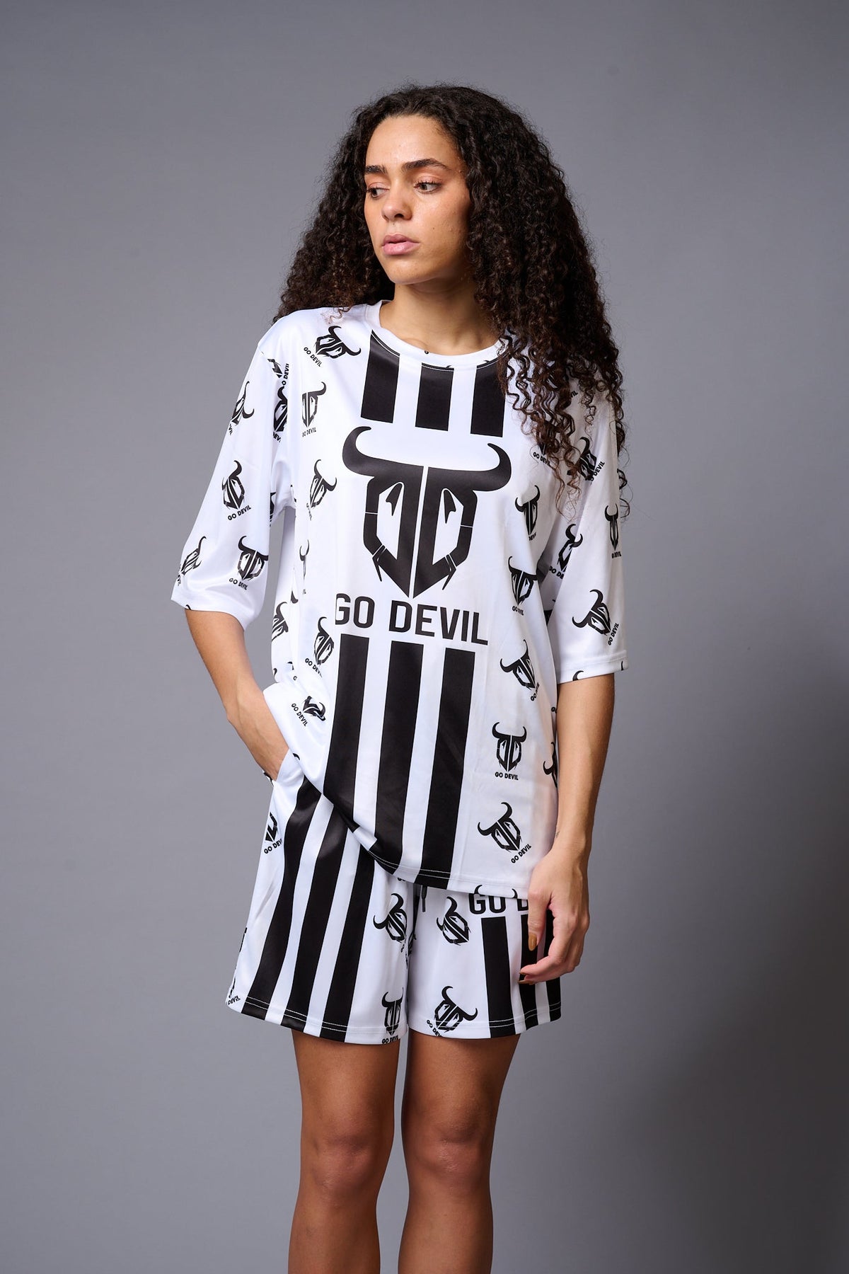 Go Devil with Logo (in Black) Printed White Co-ord Set for Women - Go Devil