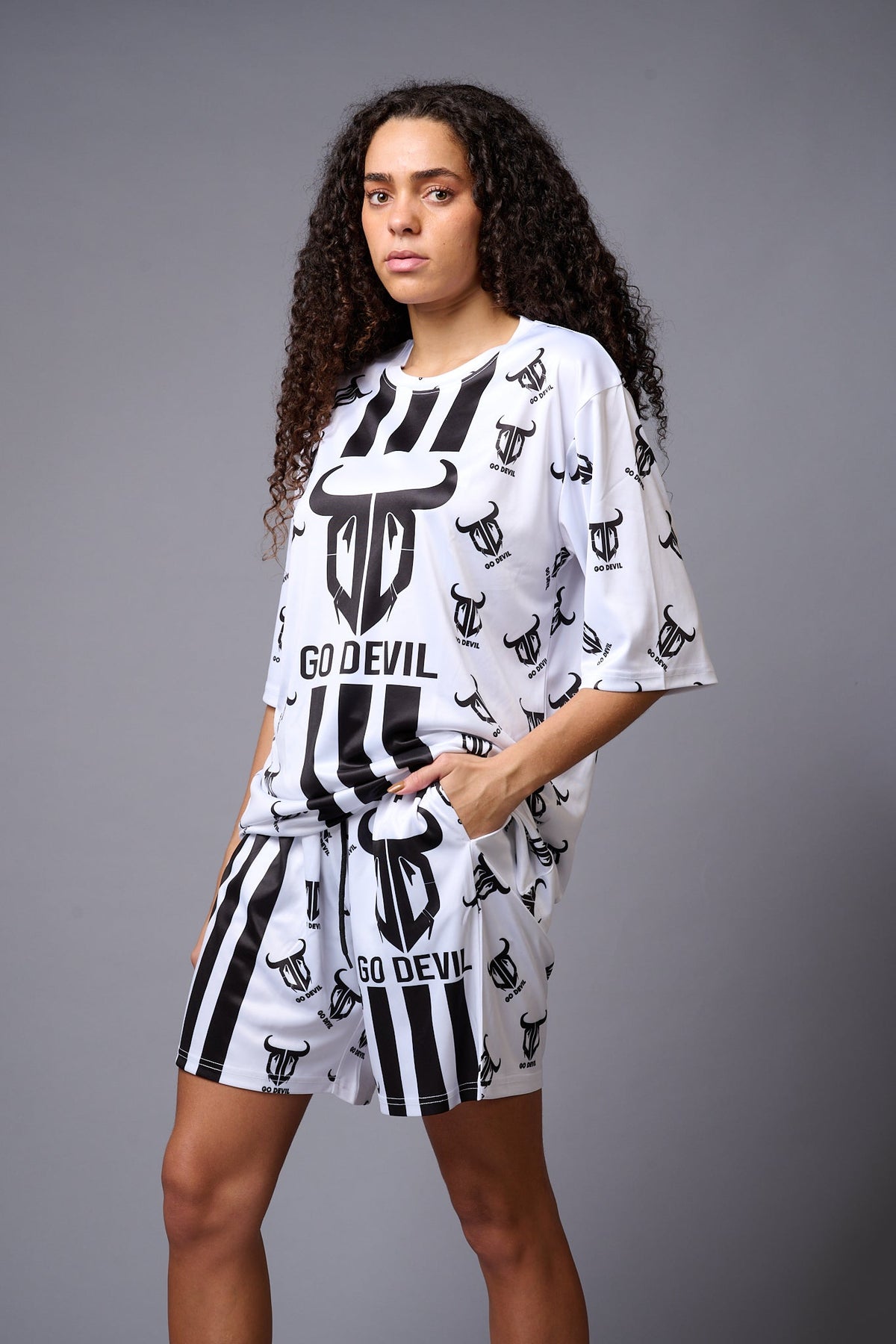 Go Devil with Logo (in Black) Printed White Co-ord Set for Women - Go Devil