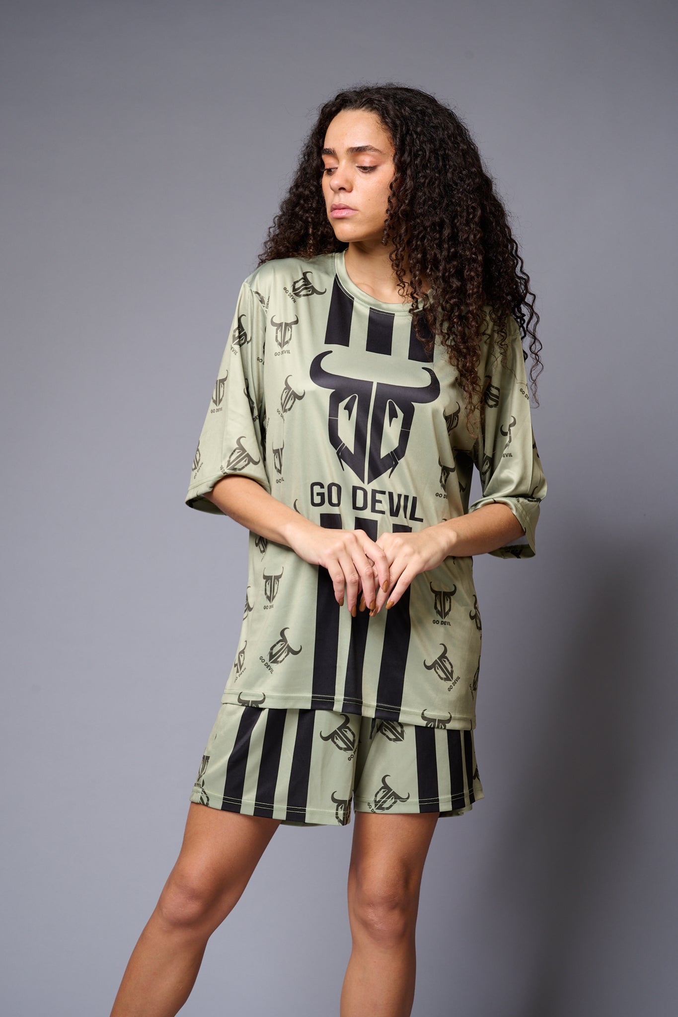 Go Devil (with Logo) Printed Sage Green Co-ord Set for Women - Go Devil