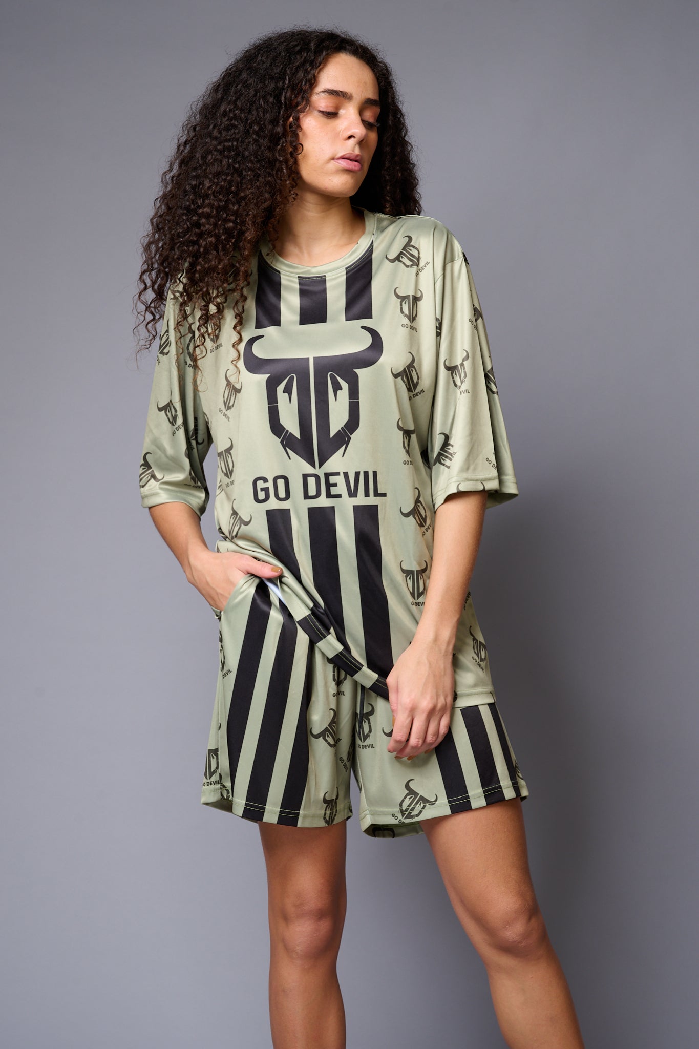 Go Devil (with Logo) Printed Sage Green Co-ord Set for Women - Go Devil