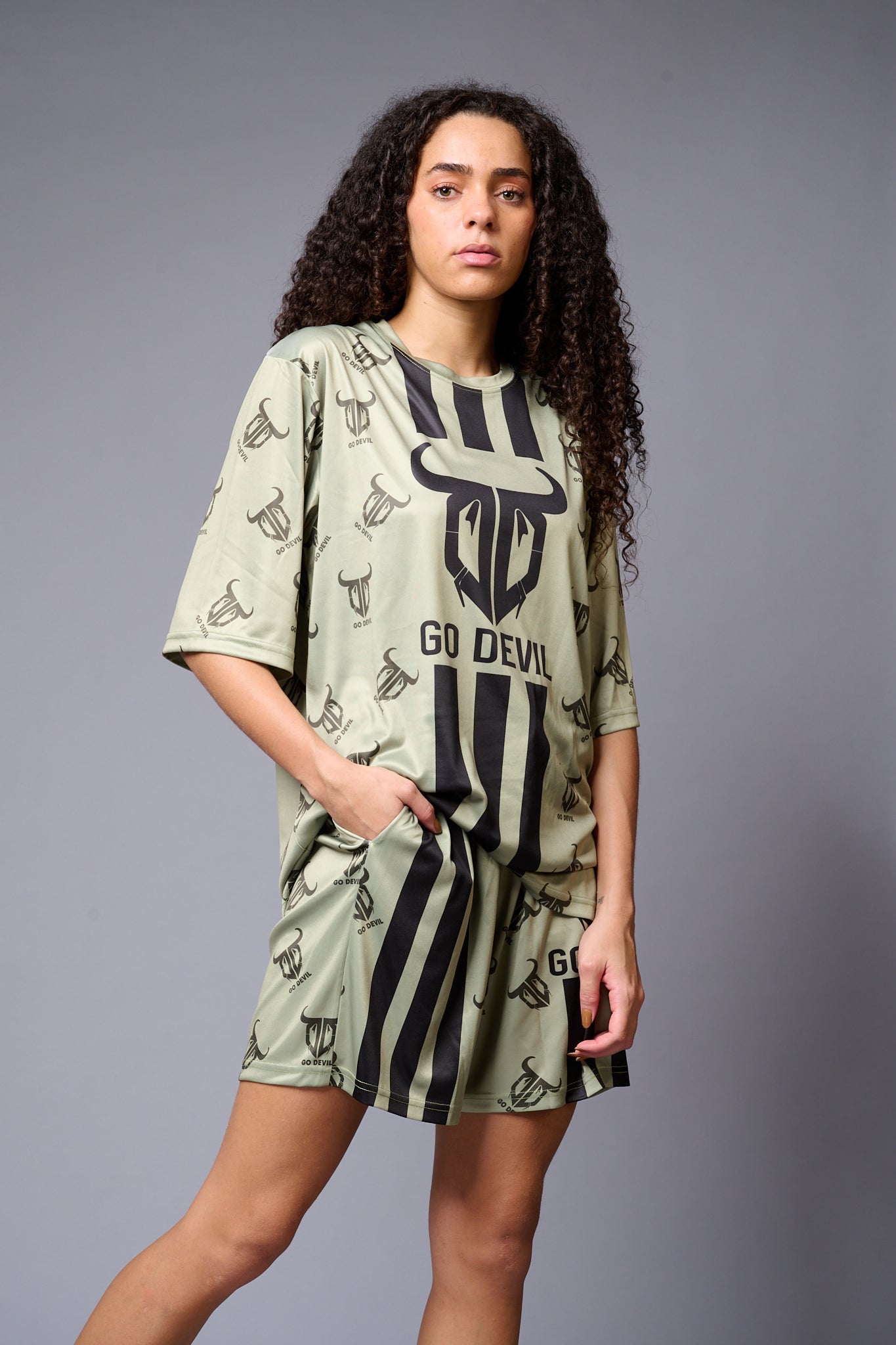 Go Devil (with Logo) Printed Sage Green Co-ord Set for Women - Go Devil