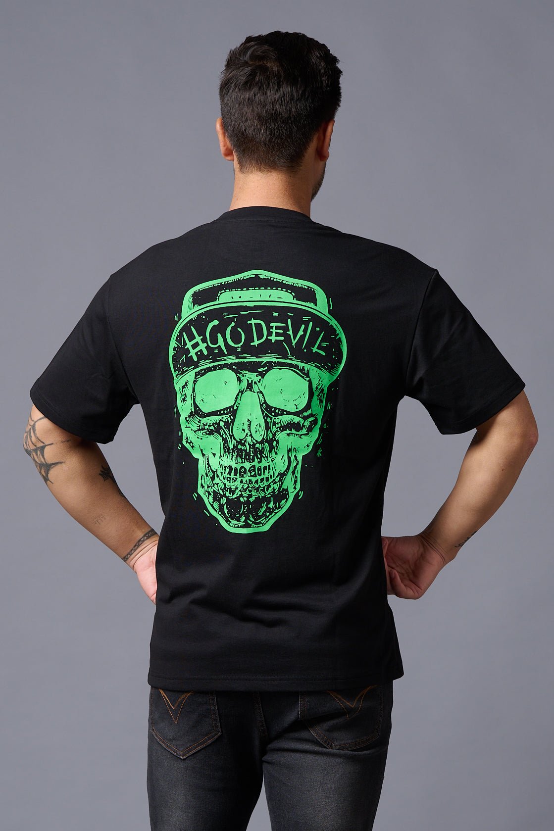 #Go Devil With Skull (in Green) Printed Oversized T-Shirt for Men - Go Devil