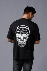 #Go Devil With Skull (in White) Printed Black Oversized T-Shirt for Men - Go Devil