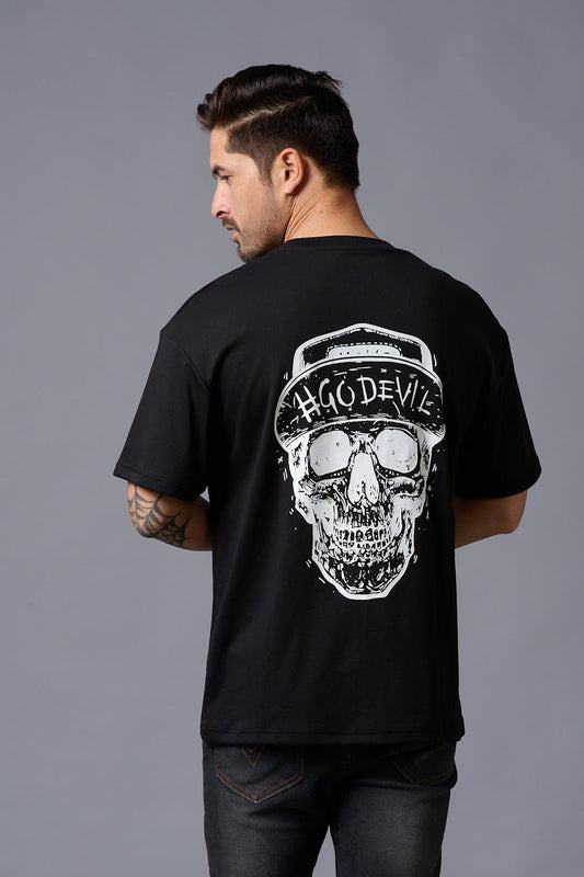 #Go Devil With Skull (in White) Printed Black Oversized T-Shirt for Men - Go Devil