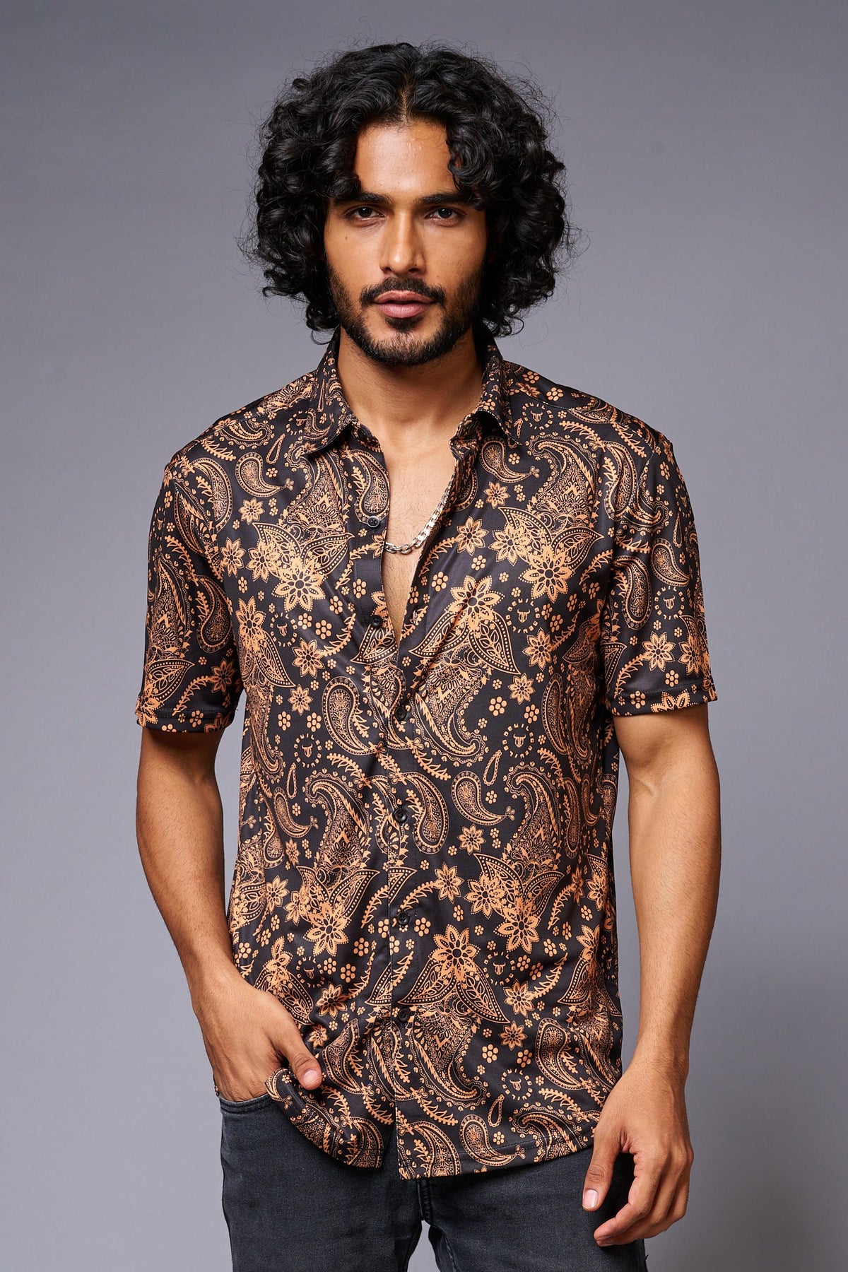 Golden Paisely Design Printed Black Shirt for Men - Go Devil