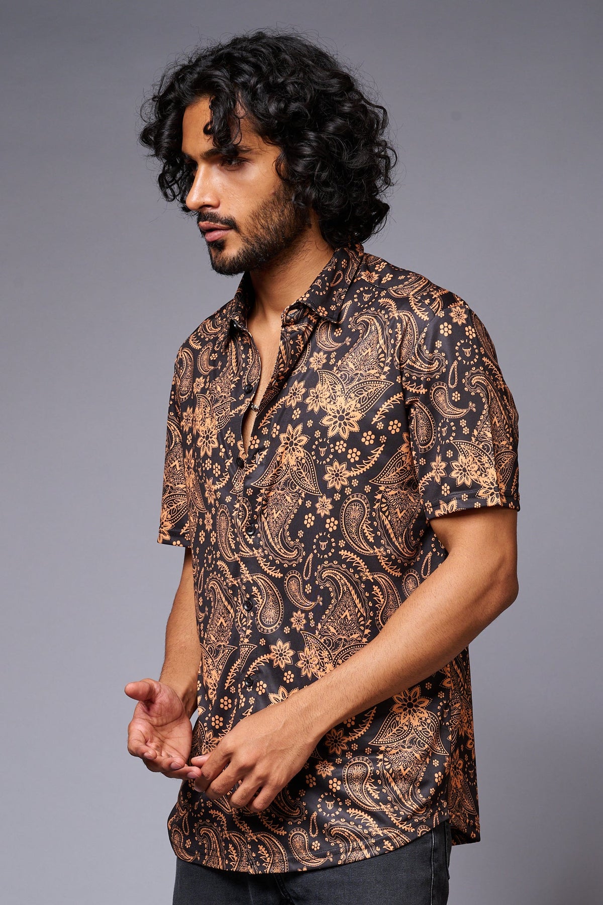 Golden Paisely Design Printed Black Shirt for Men - Go Devil