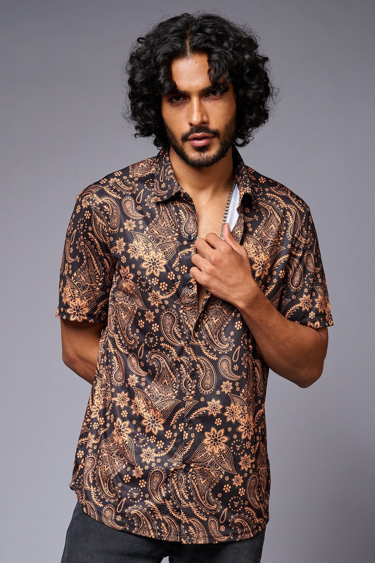 Golden Paisely Design Printed Black Shirt for Men - Go Devil