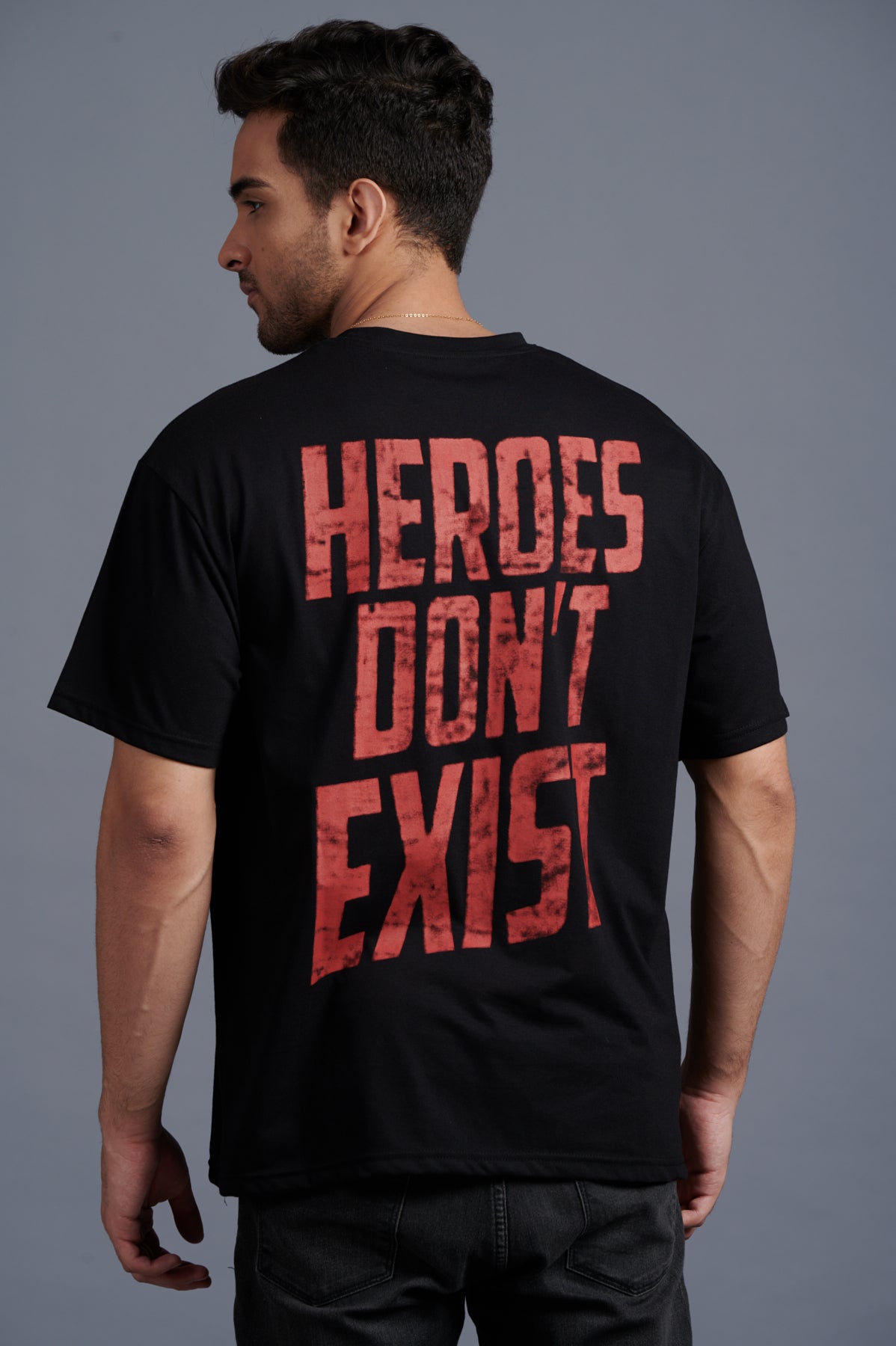 Heroes Don’t Exist Red Printed Black Oversized T-Shirt for Men - Go Devil