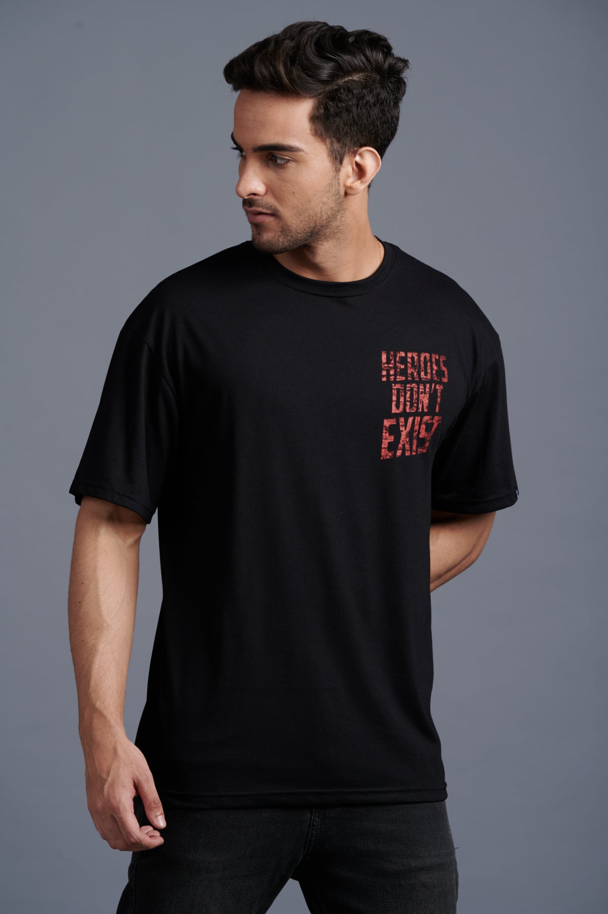 Heroes Don’t Exist Red Printed Black Oversized T-Shirt for Men - Go Devil