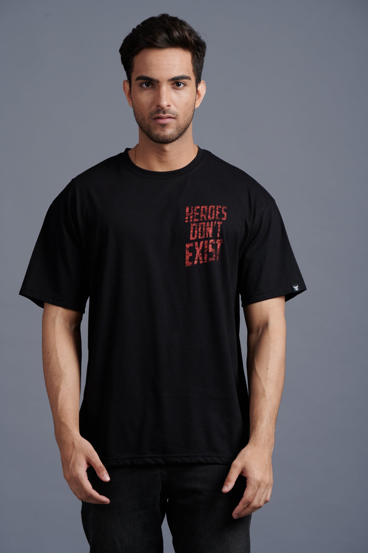 Heroes Don’t Exist Red Printed Black Oversized T-Shirt for Men - Go Devil