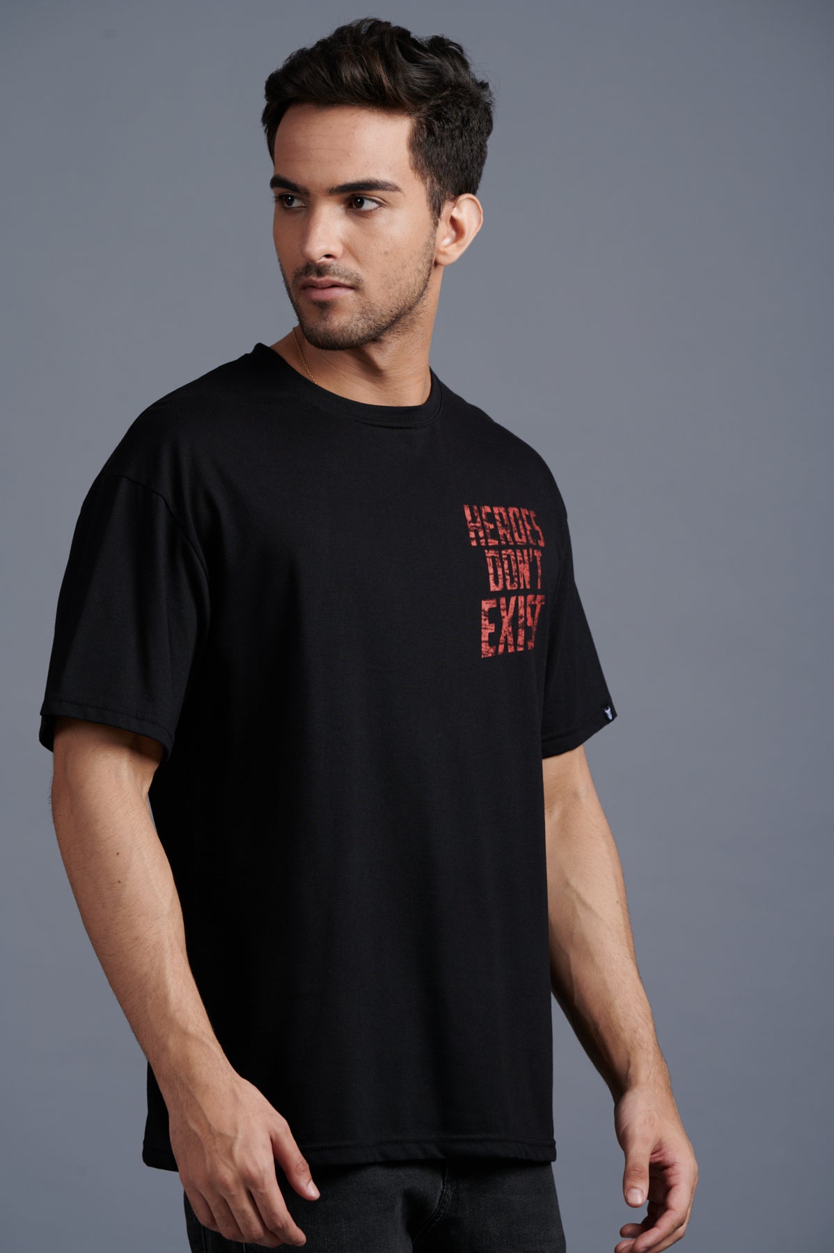 Heroes Don’t Exist Red Printed Black Oversized T-Shirt for Men - Go Devil