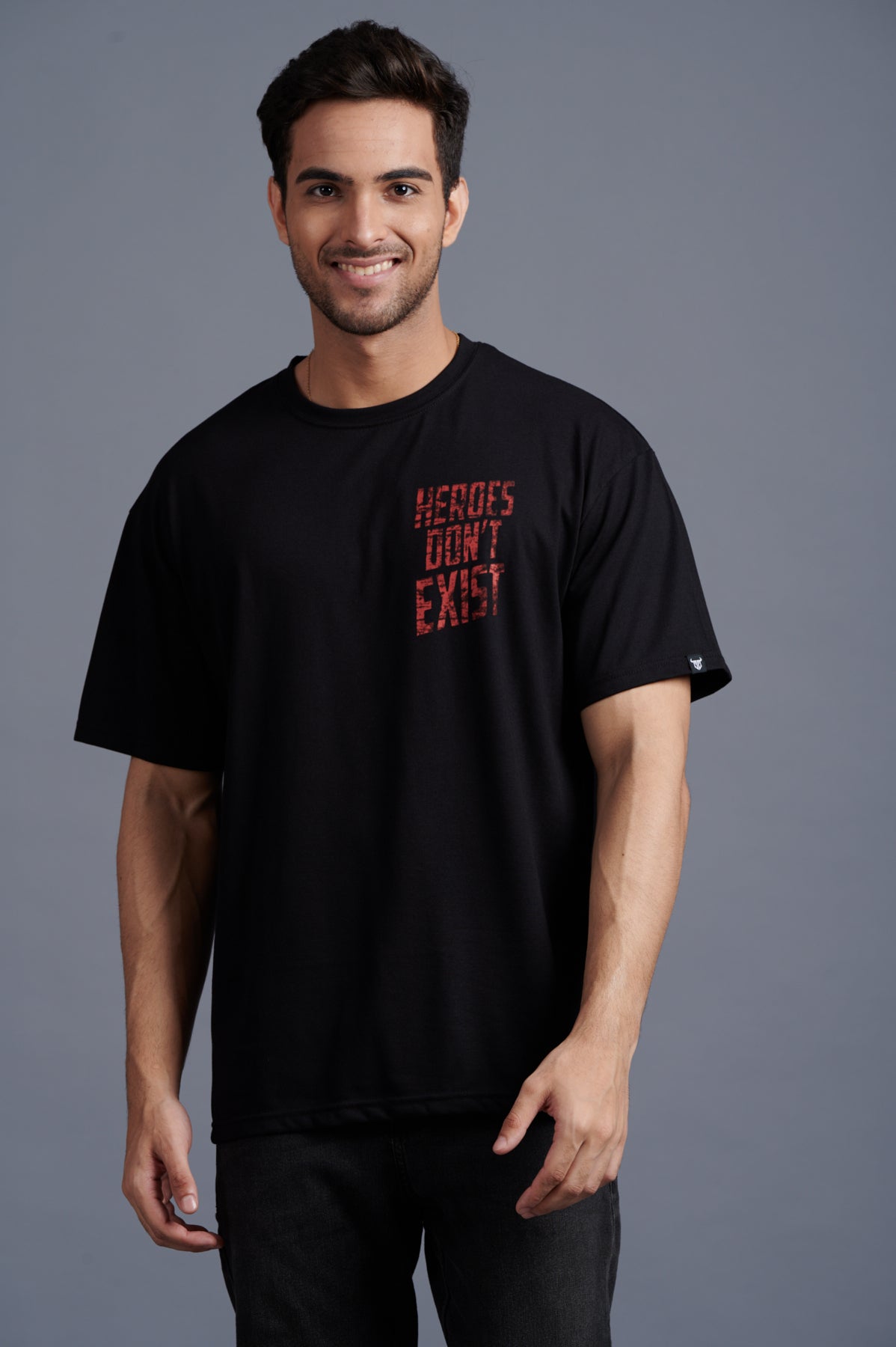 Heroes Don’t Exist Red Printed Black Oversized T-Shirt for Men - Go Devil