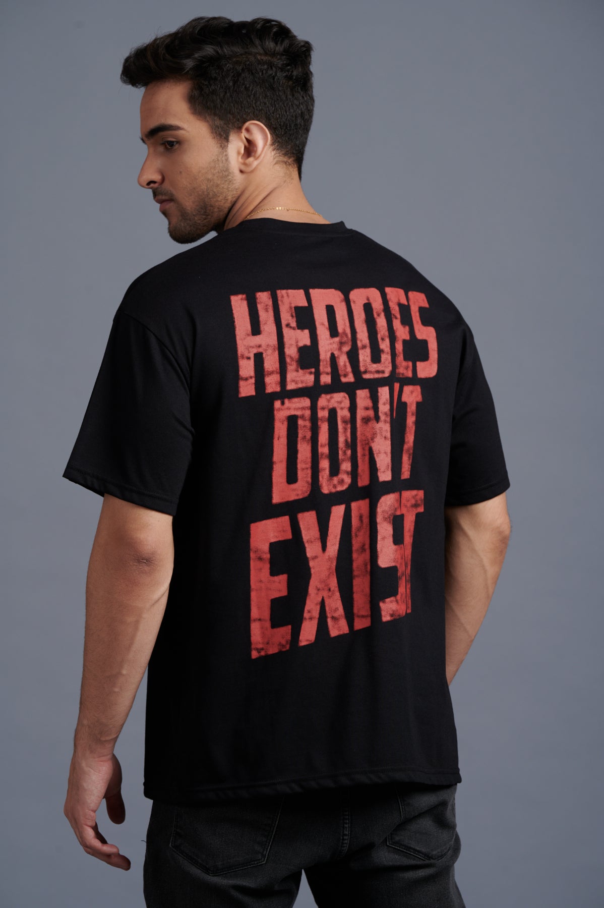 Heroes Don’t Exist Red Printed Black Oversized T-Shirt for Men - Go Devil