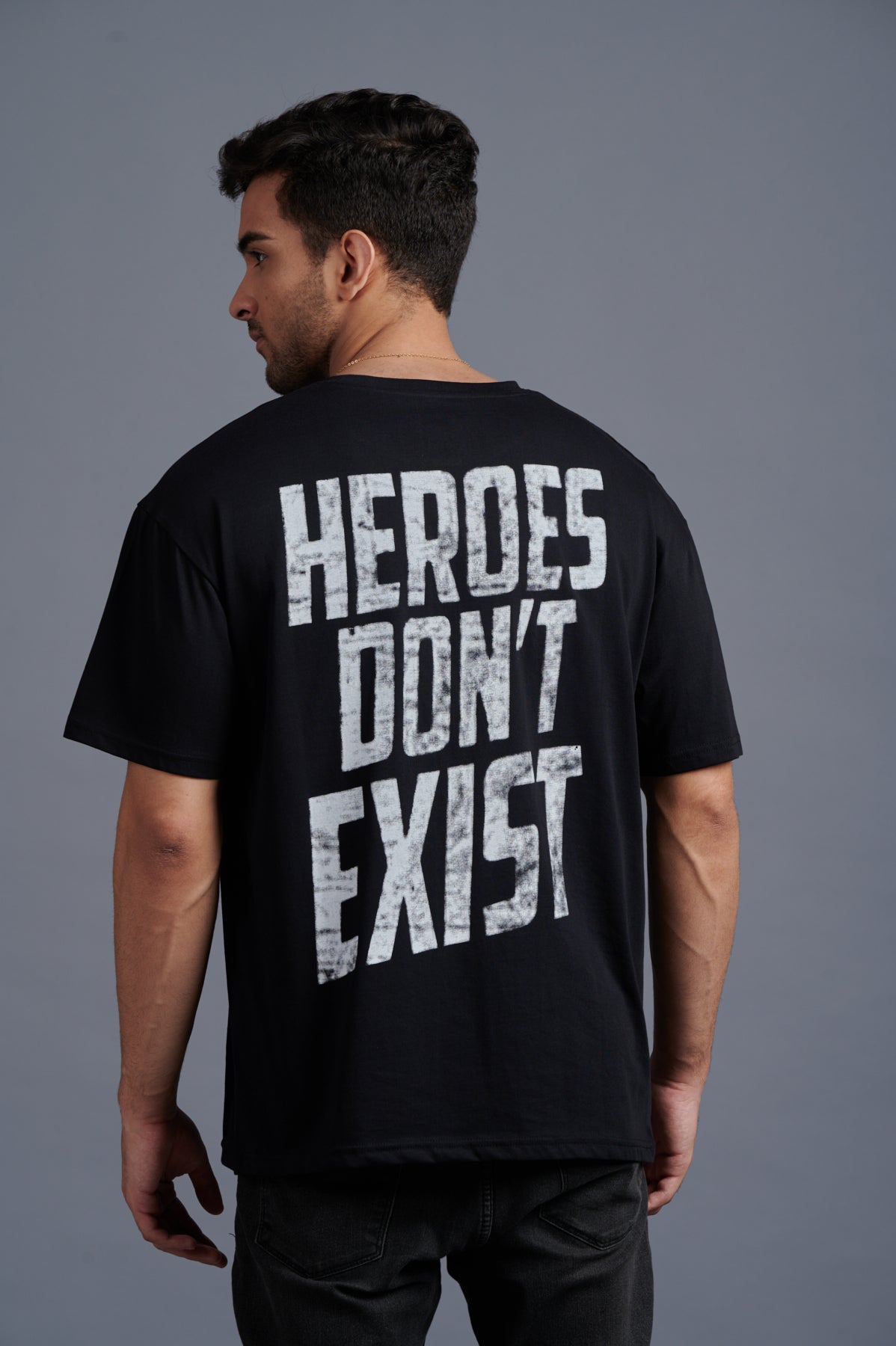 Heroes Don't Exist White Printed Black Oversized T-Shirt for Men - Go Devil