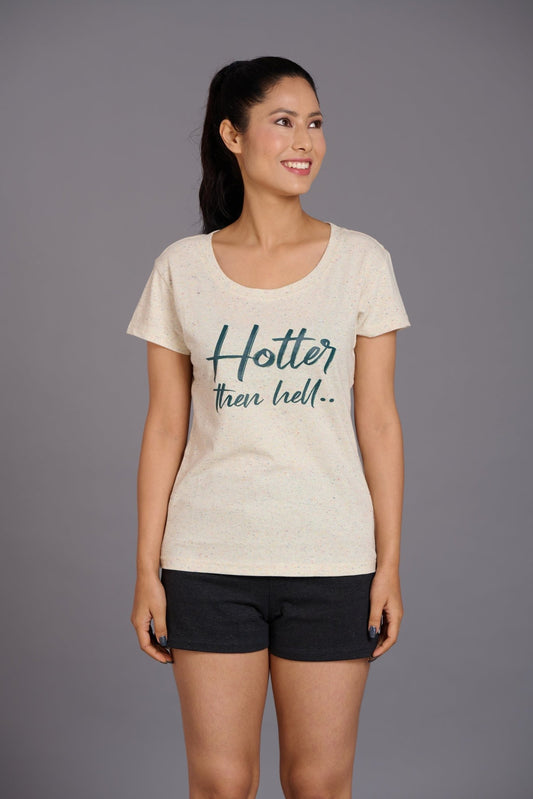Hotter Than Hell Printed Cream Oversized T-Shirt for Women - Go Devil