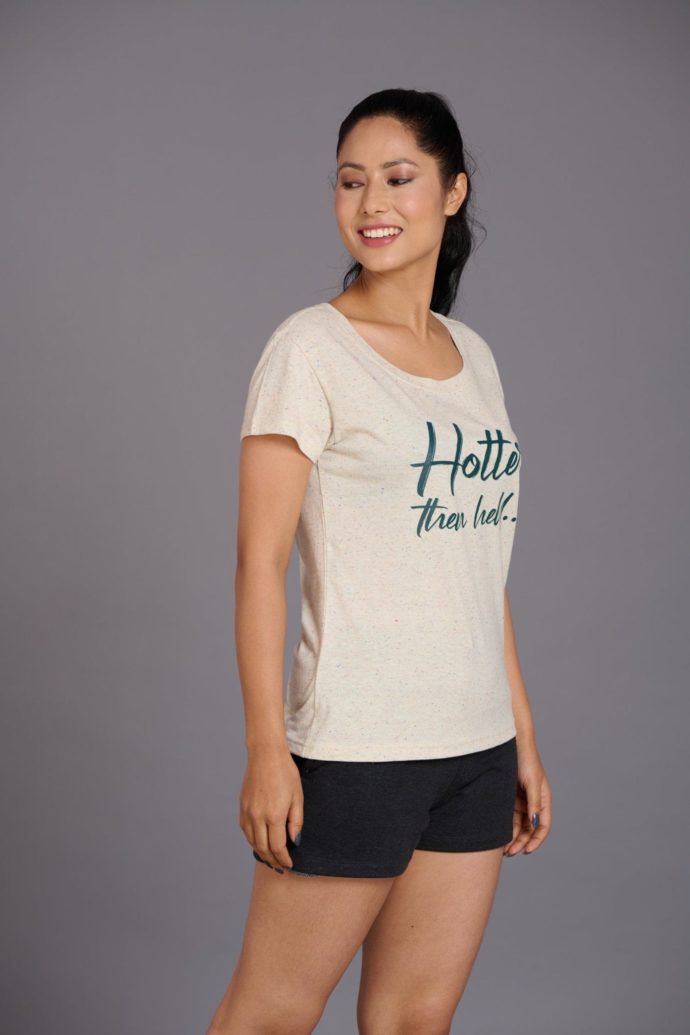 Hotter Than Hell Printed Cream Oversized T-Shirt for Women - Go Devil