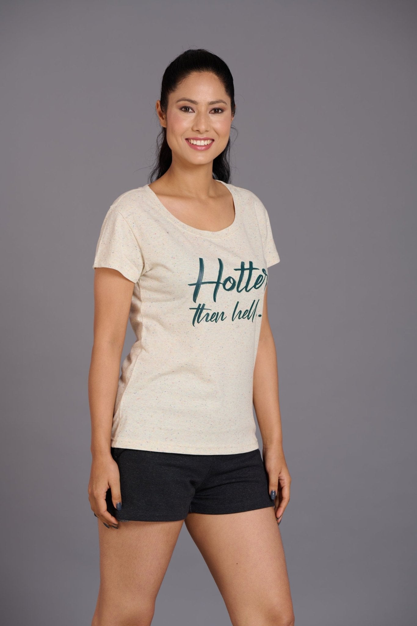 Hotter Than Hell Printed Cream Oversized T-Shirt for Women - Go Devil